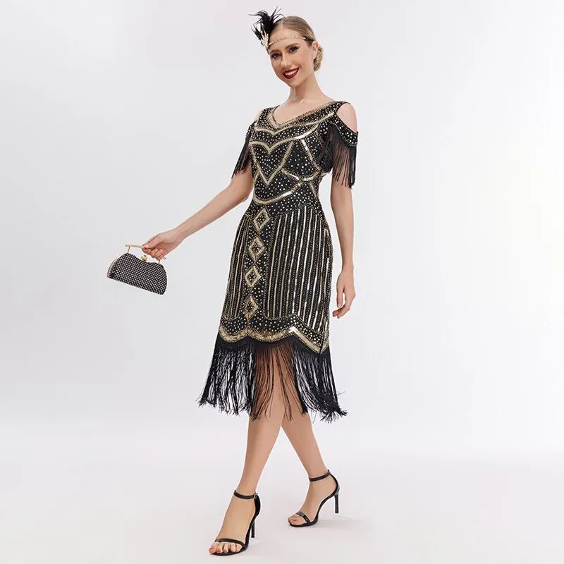 1920s Flapper Dress Vintage Cold Shoulder Fringes Gatsby Dress