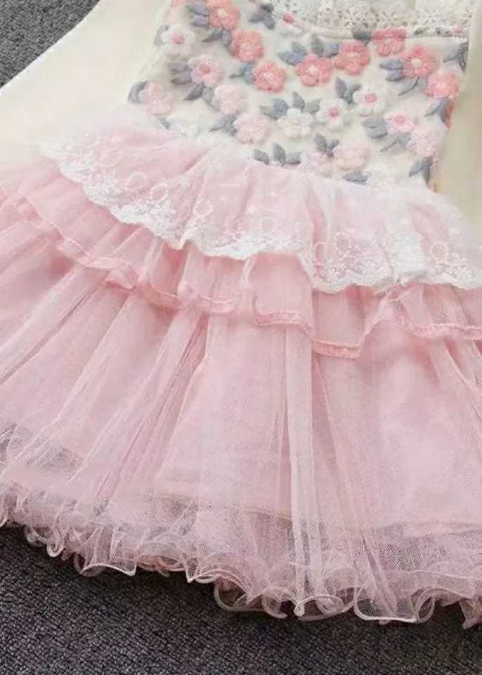 Art Pink O-Neck Lace Patchwork Floral Tulle Girls Maxi Dresses Fall ML0202