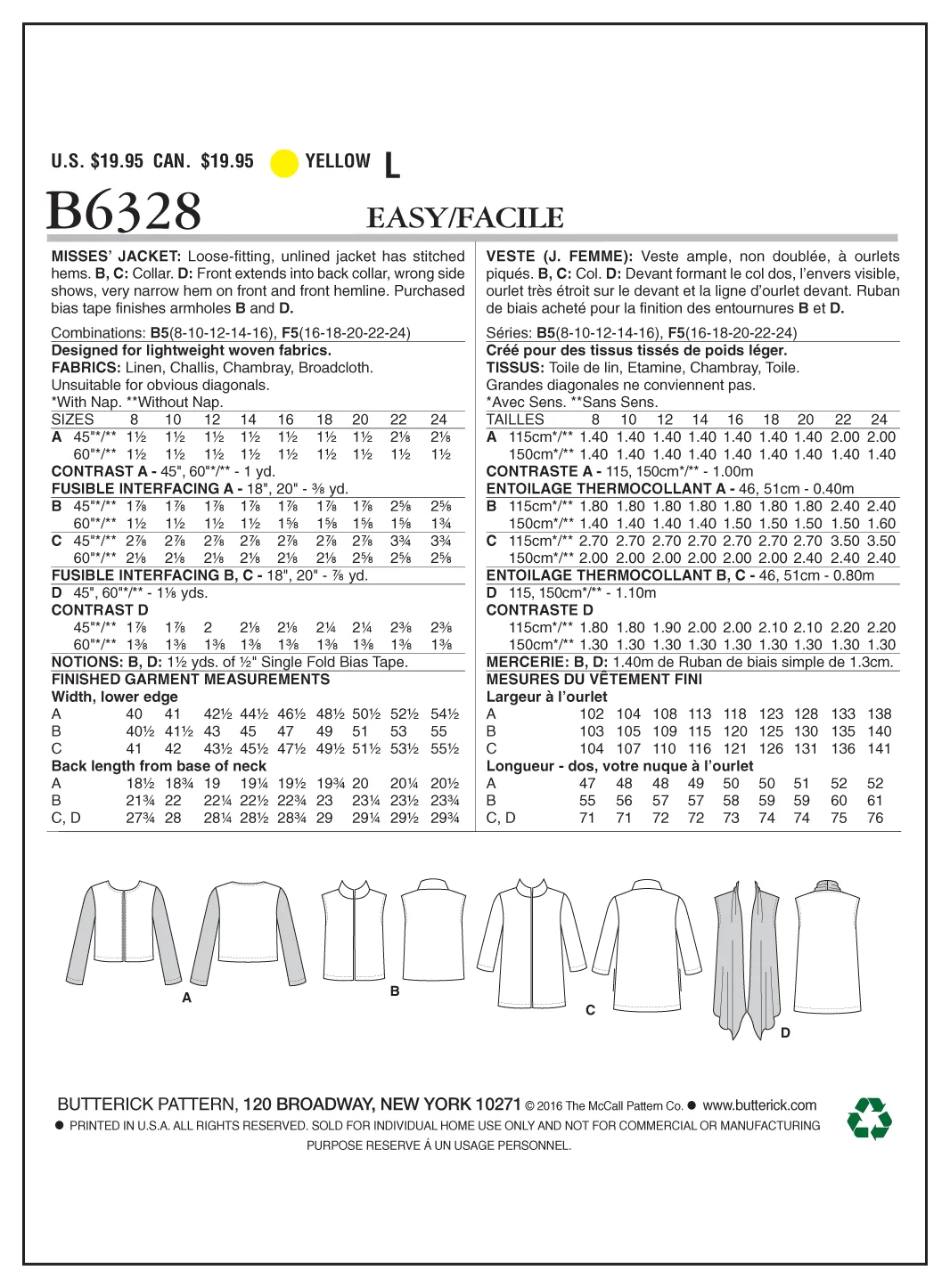 B6328 Misses' Open-Front Jackets