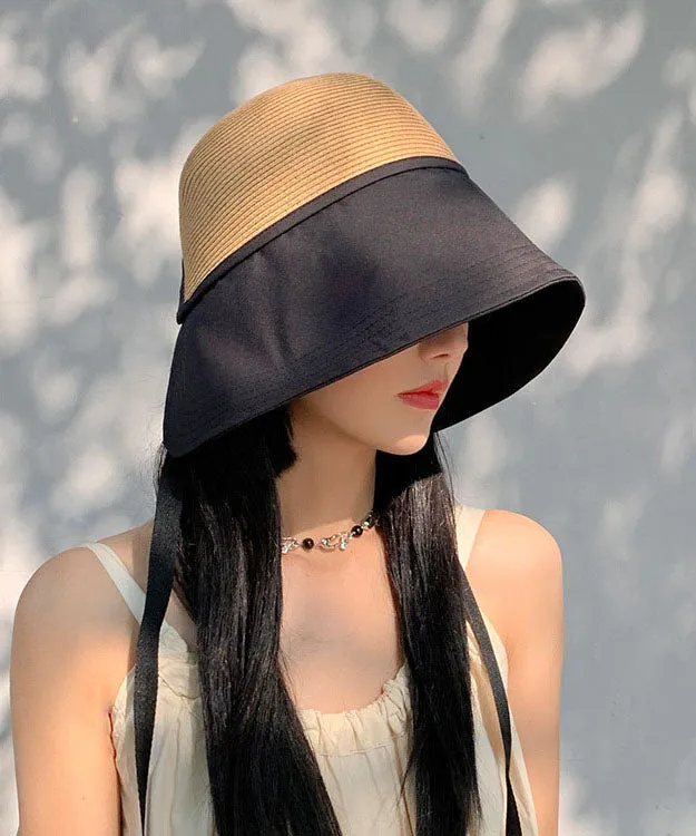 Beautiful Black Patchwork Bow Straw Woven Bucket Hat YU1018