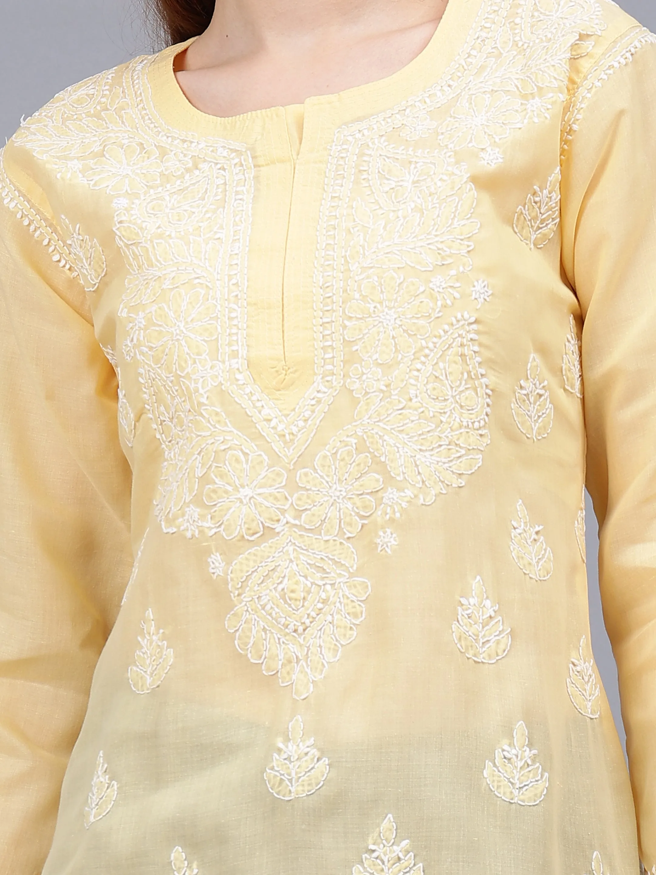 Beige & White Terivoil Cotton Embroidered Chikankari Tunic