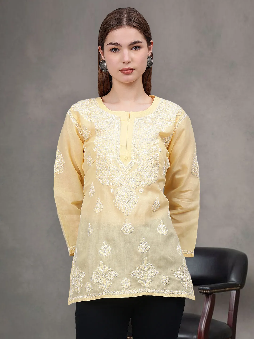 Beige & White Terivoil Cotton Embroidered Chikankari Tunic