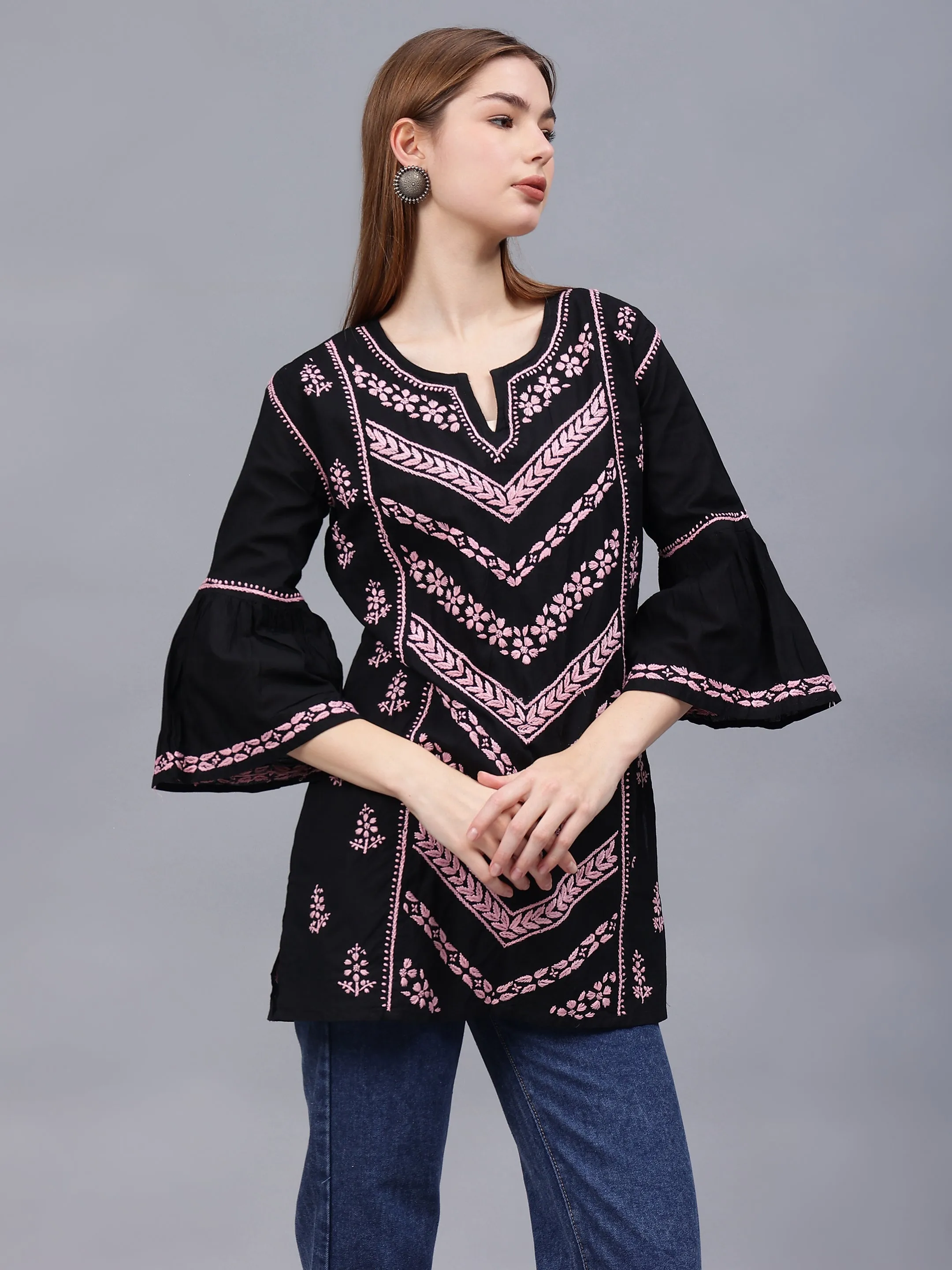 Black & Pink Cotton Embroidered Round Neck Chikankari Tunic