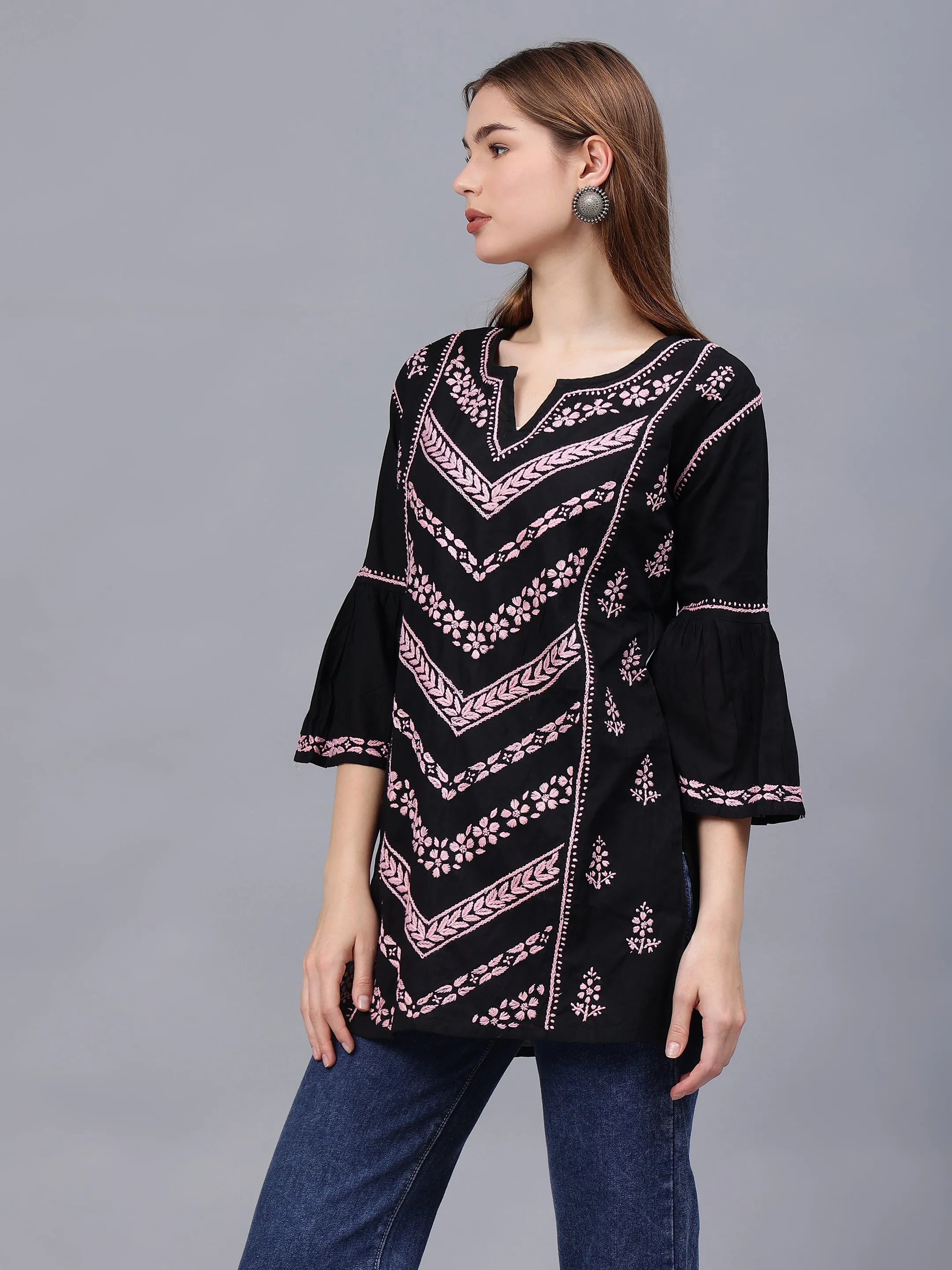 Black & Pink Cotton Embroidered Round Neck Chikankari Tunic