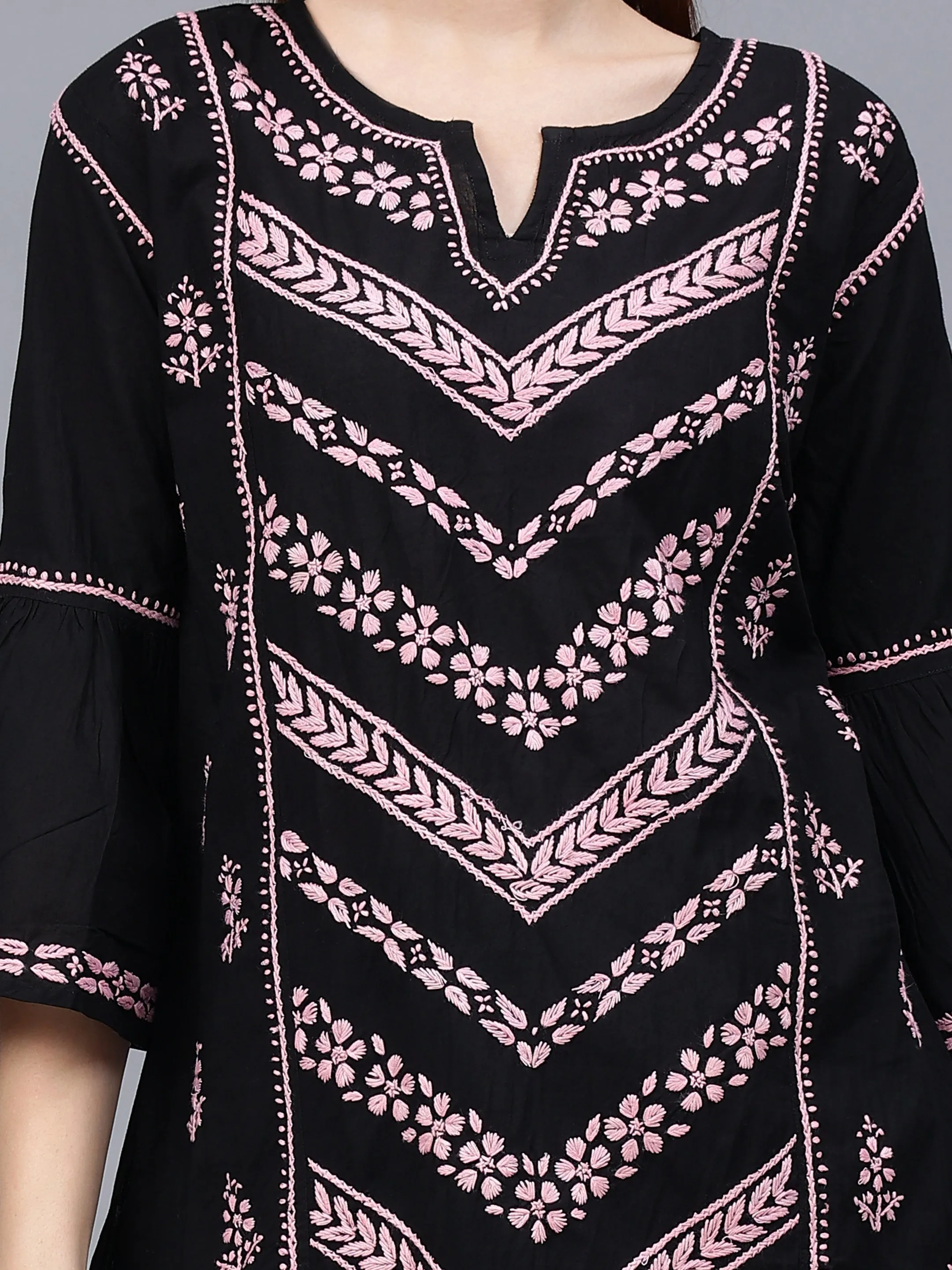 Black & Pink Cotton Embroidered Round Neck Chikankari Tunic