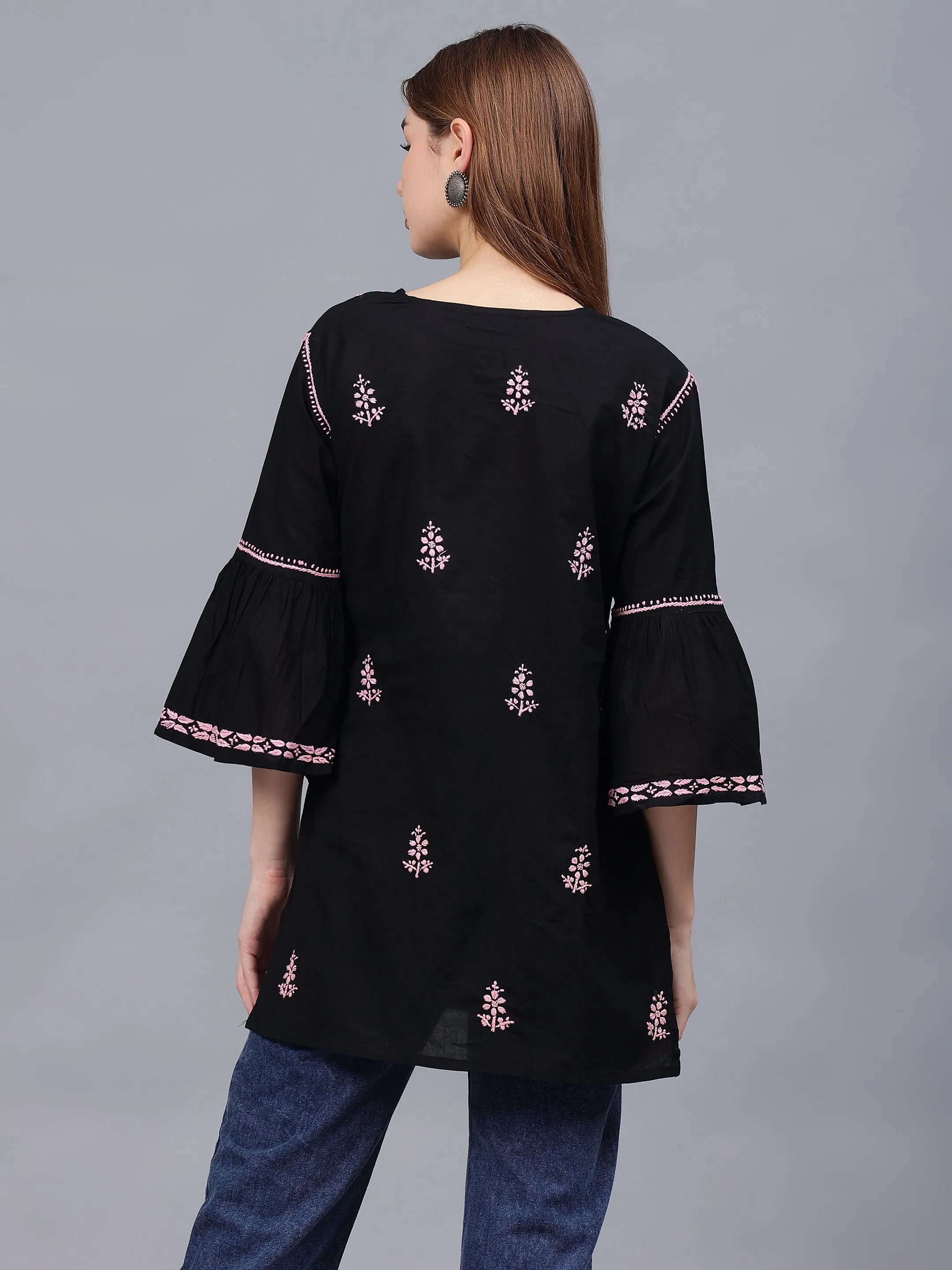 Black & Pink Cotton Embroidered Round Neck Chikankari Tunic