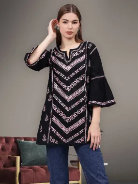 Black & Pink Cotton Embroidered Round Neck Chikankari Tunic