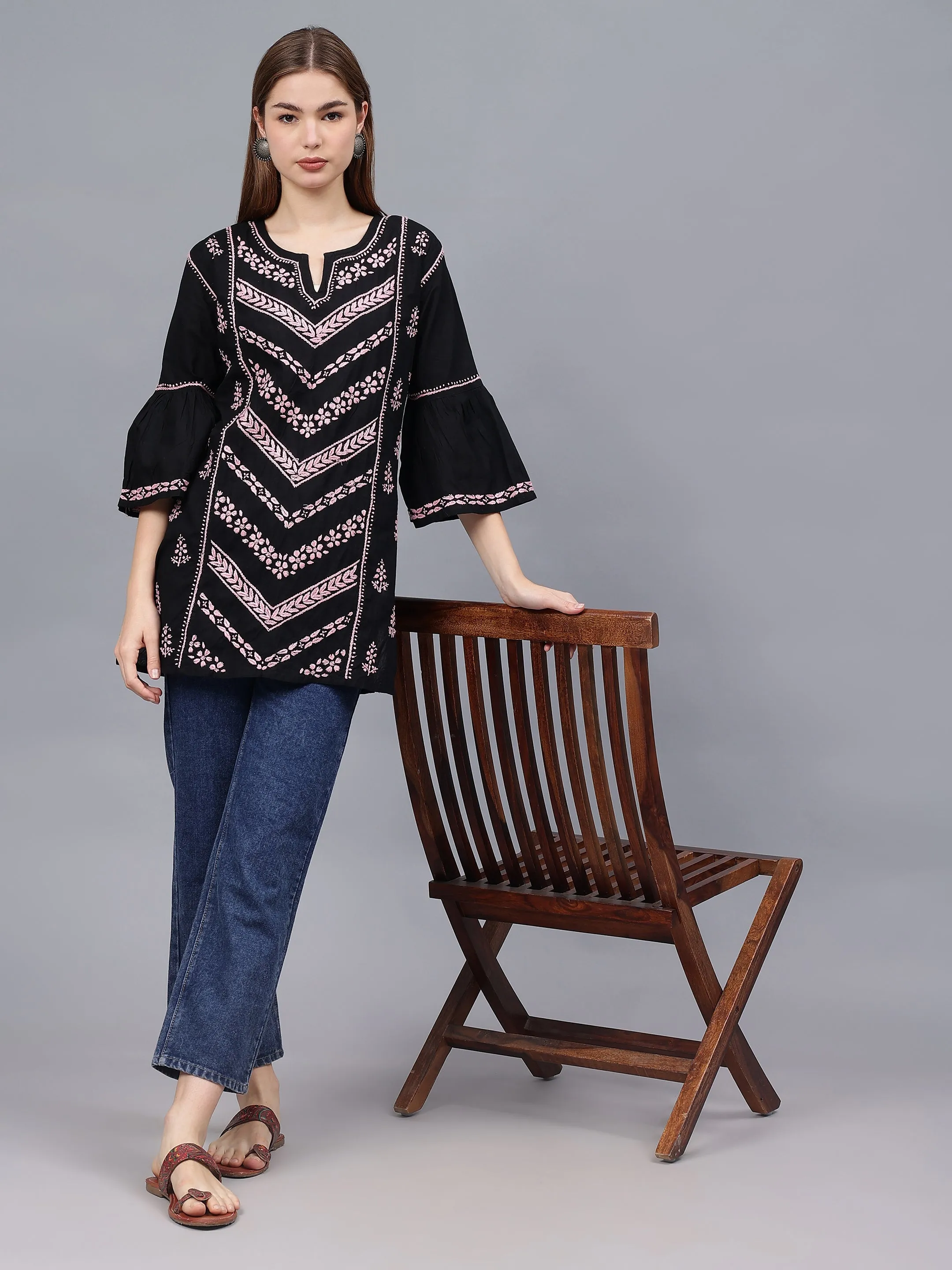 Black & Pink Cotton Embroidered Round Neck Chikankari Tunic