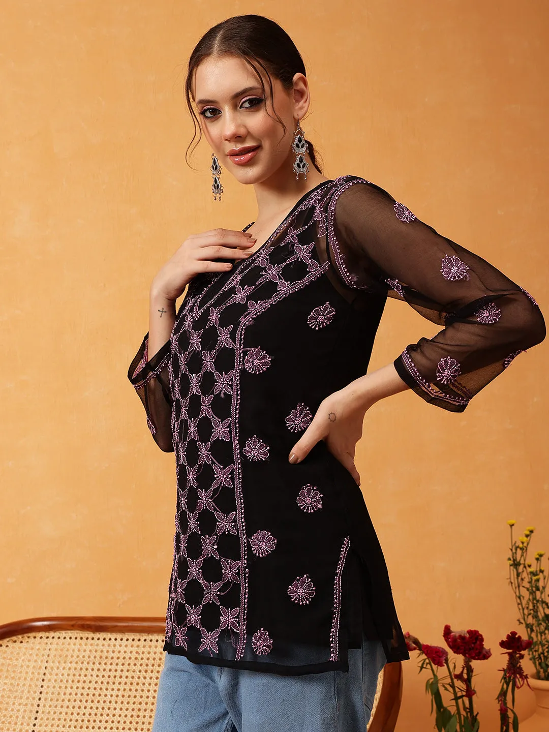 Black & Pink Georgette Embroidery Chikankari Tunic With Slip