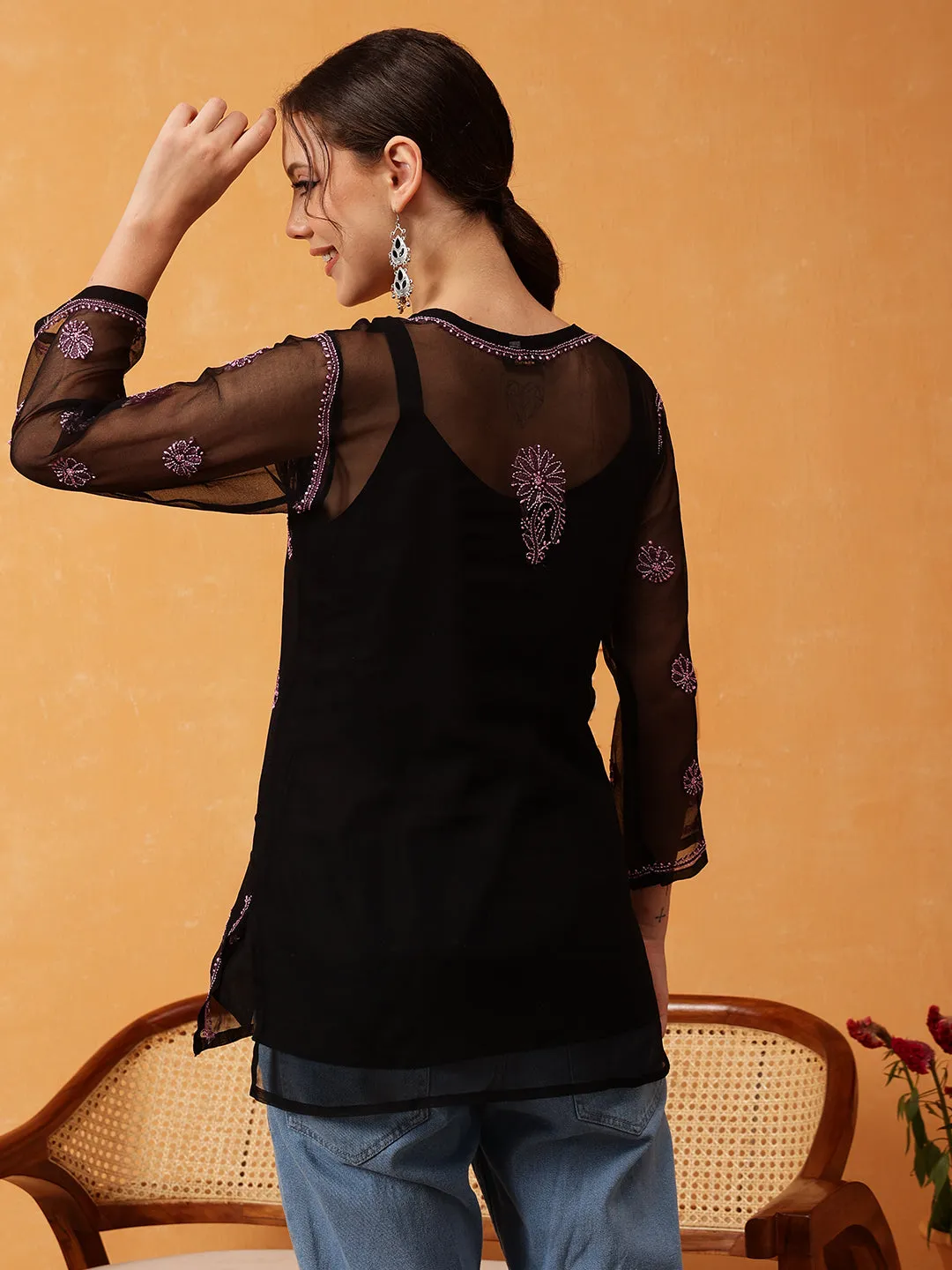 Black & Pink Georgette Embroidery Chikankari Tunic With Slip