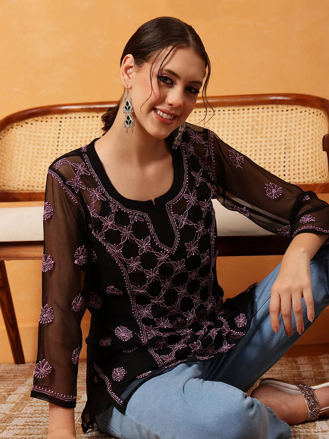 Black & Pink Georgette Embroidery Chikankari Tunic With Slip