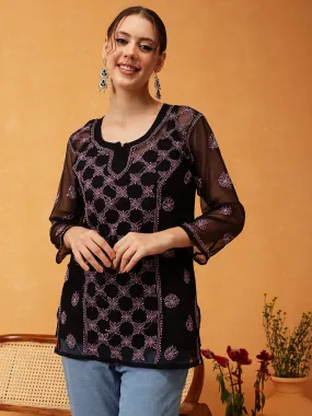 Black & Pink Georgette Embroidery Chikankari Tunic With Slip