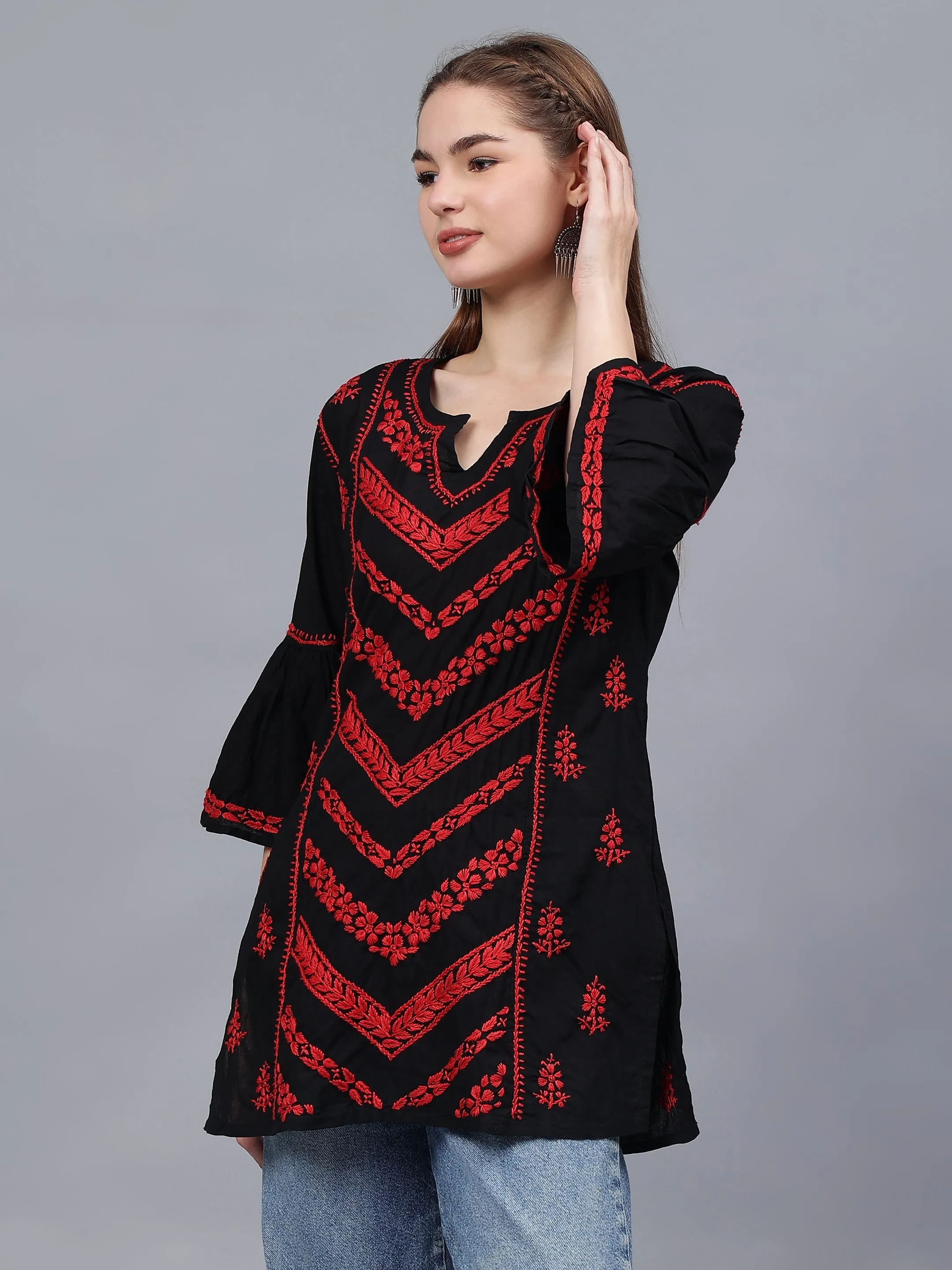 Black & Red Cotton Hand Embroidered Chikankari Tunic