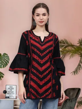 Black & Red Cotton Hand Embroidered Chikankari Tunic