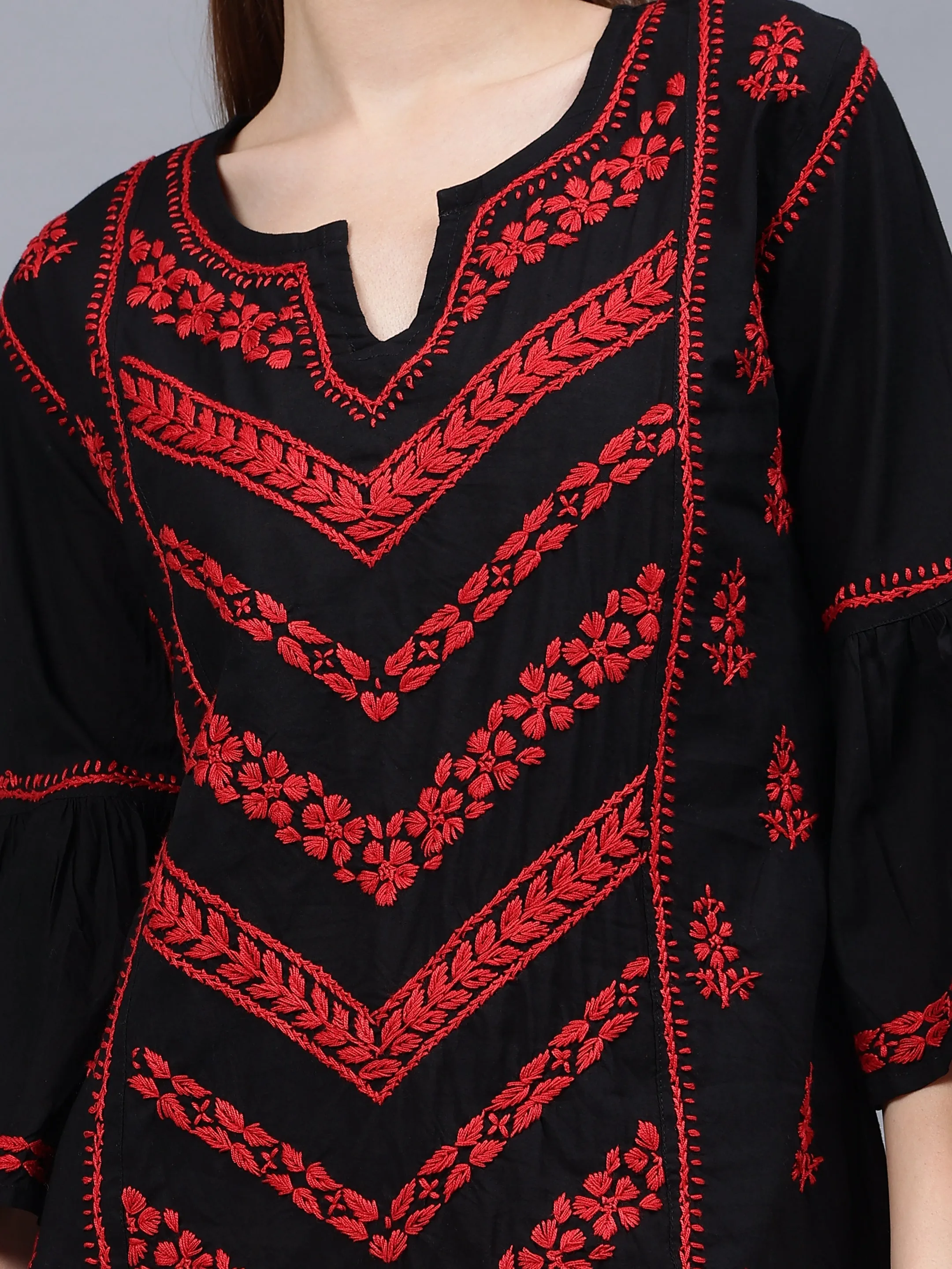 Black & Red Cotton Hand Embroidered Chikankari Tunic