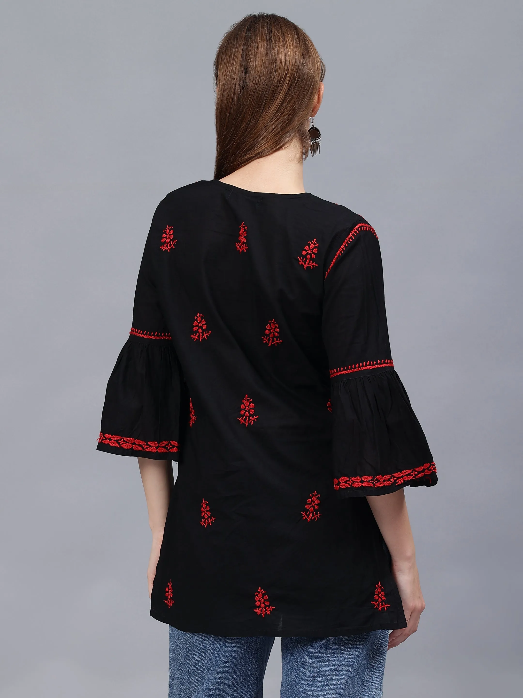 Black & Red Cotton Hand Embroidered Chikankari Tunic