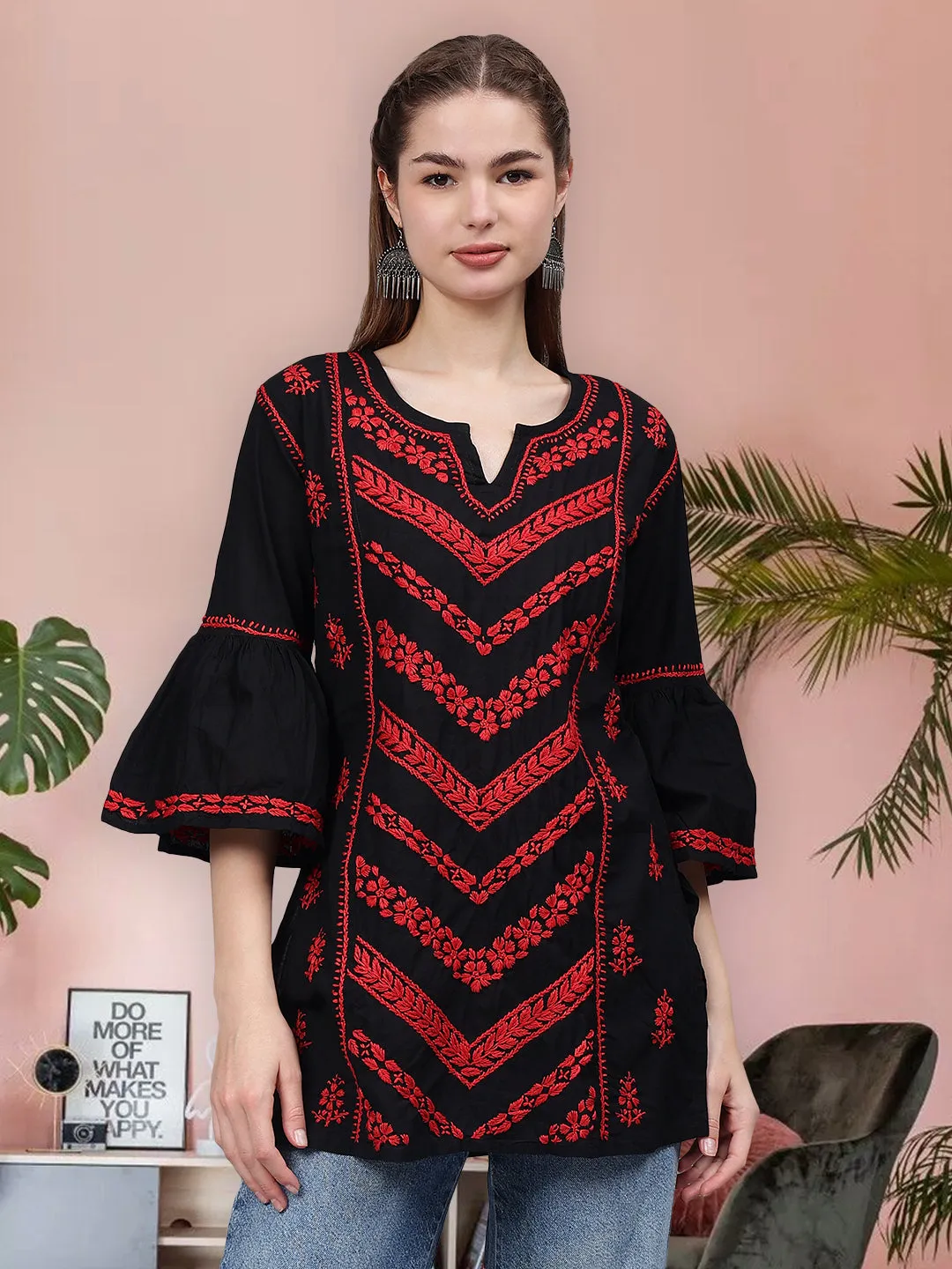 Black & Red Cotton Hand Embroidered Chikankari Tunic