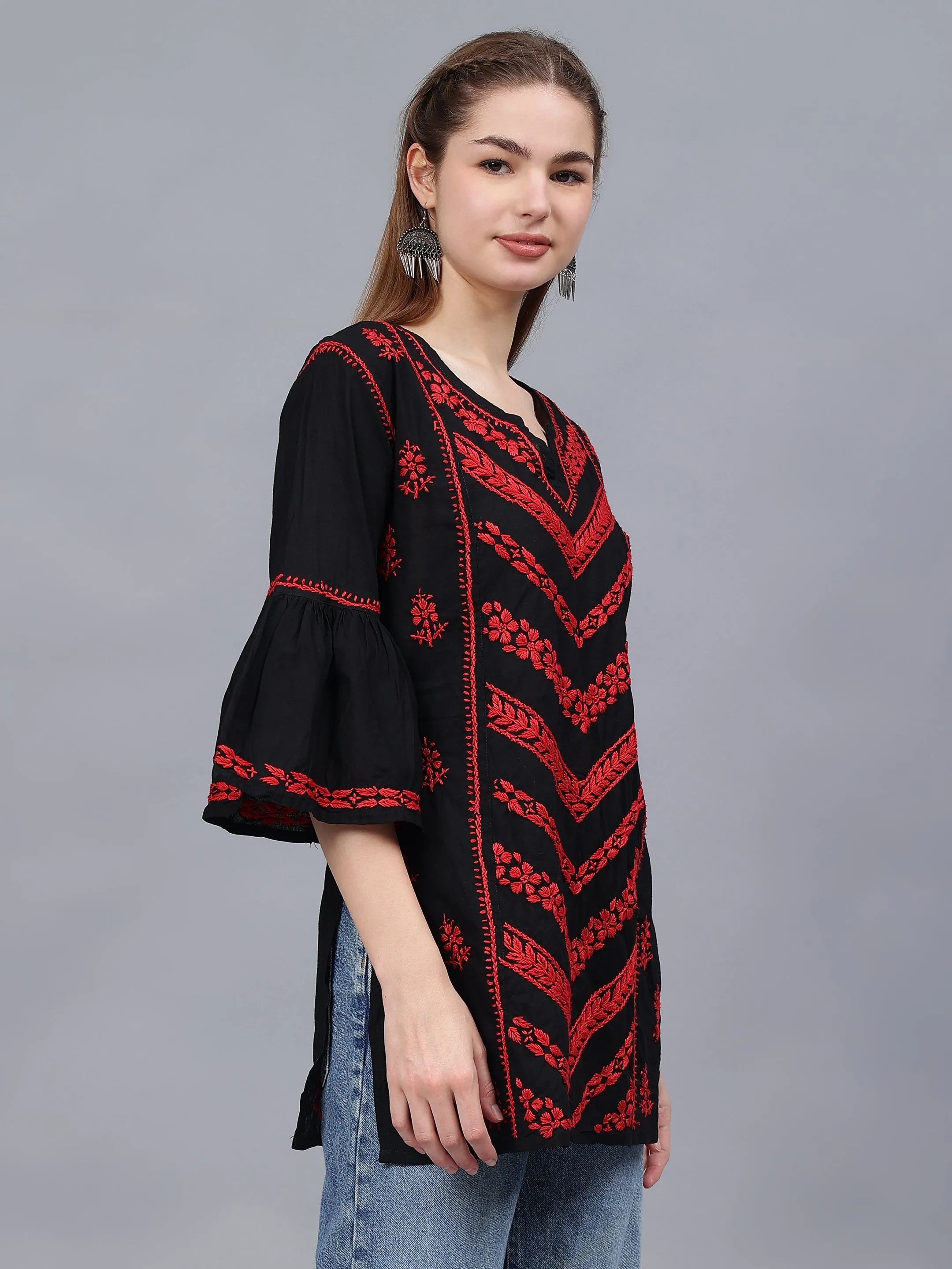 Black & Red Cotton Hand Embroidered Chikankari Tunic