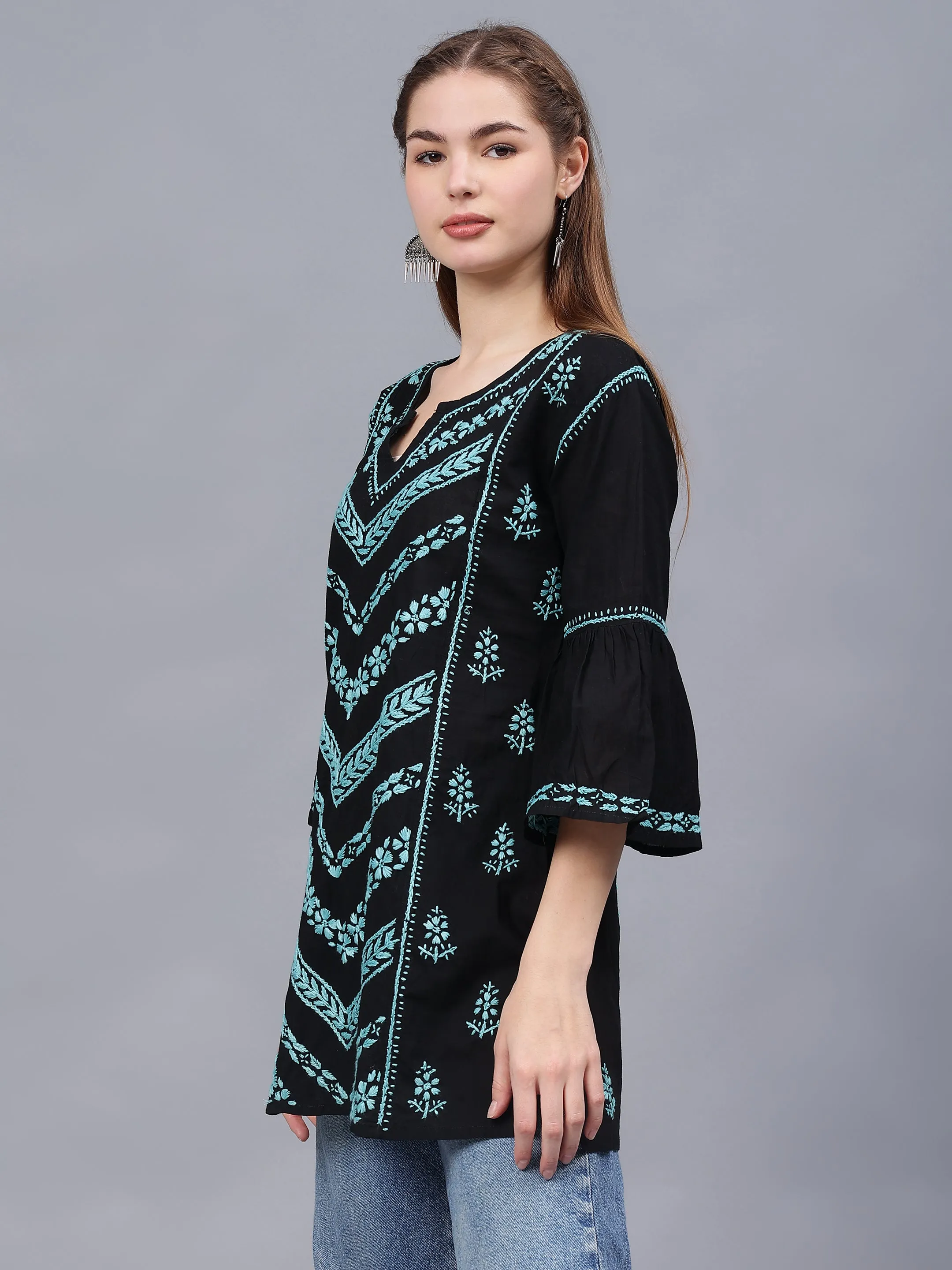 Black & Turquoise Cotton Embroidered Chikankari Tunic