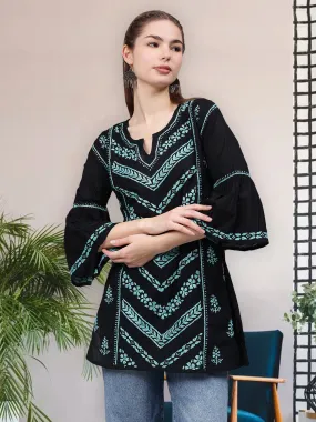 Black & Turquoise Cotton Embroidered Chikankari Tunic