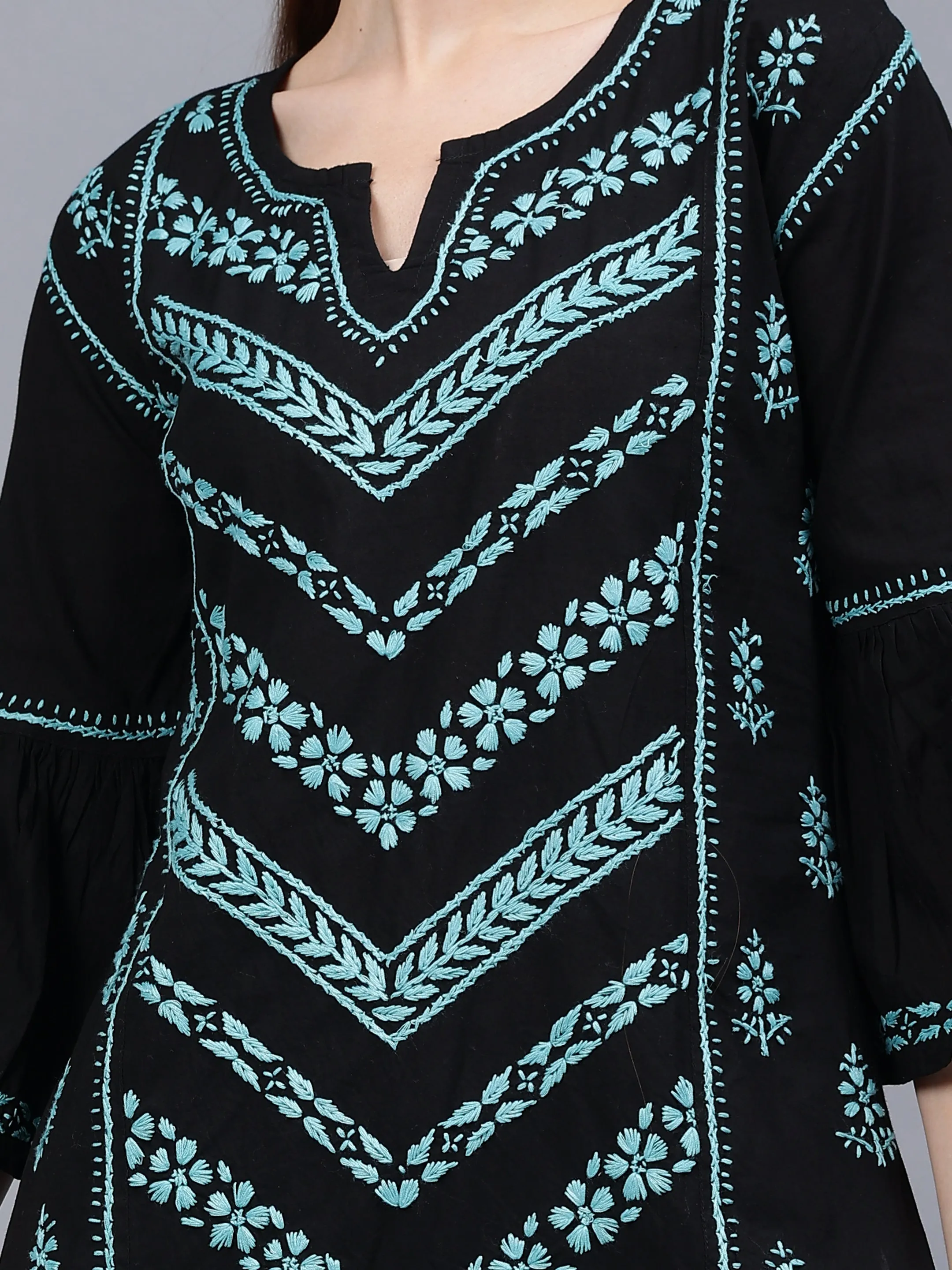 Black & Turquoise Cotton Embroidered Chikankari Tunic