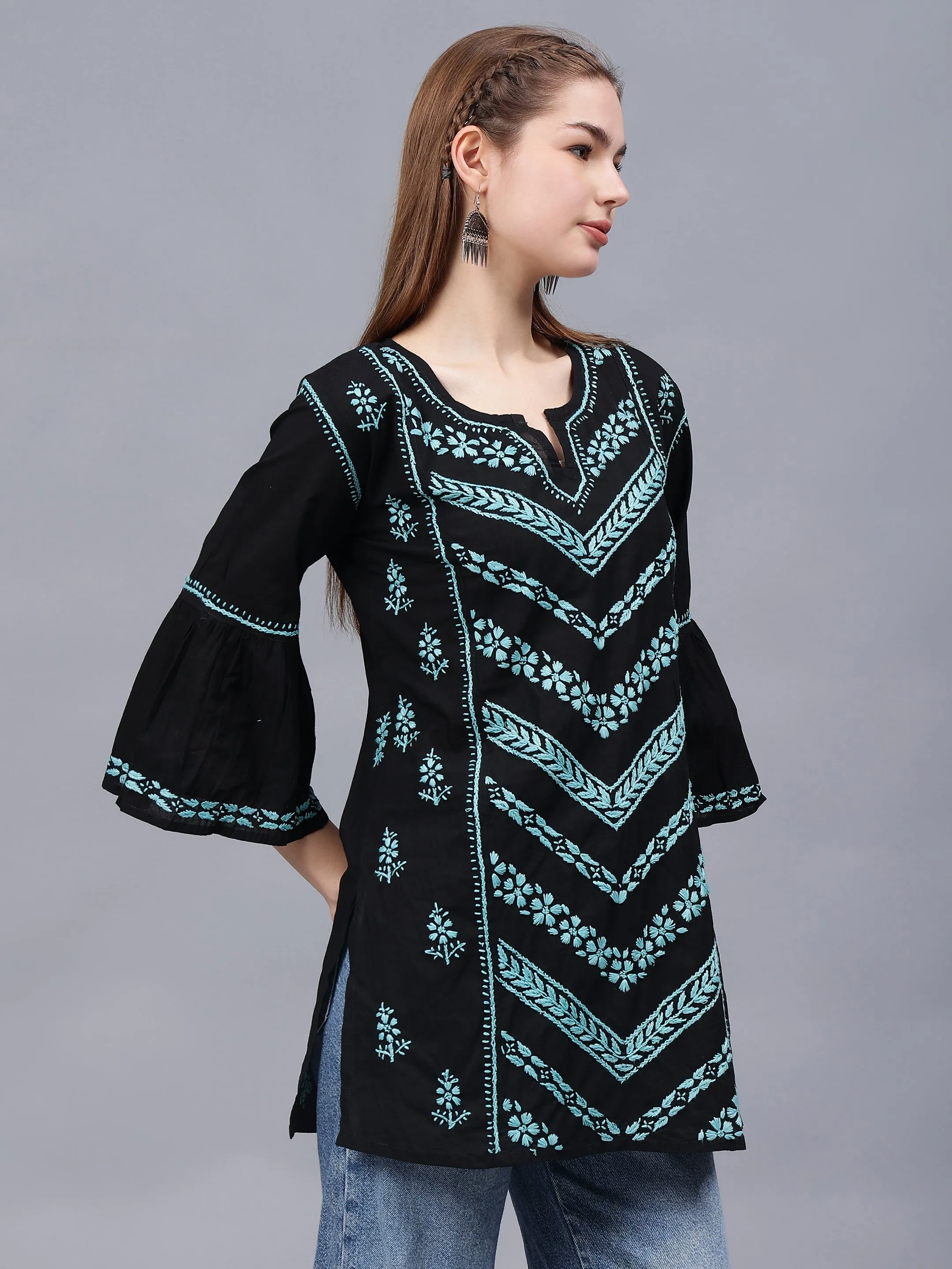 Black & Turquoise Cotton Embroidered Chikankari Tunic