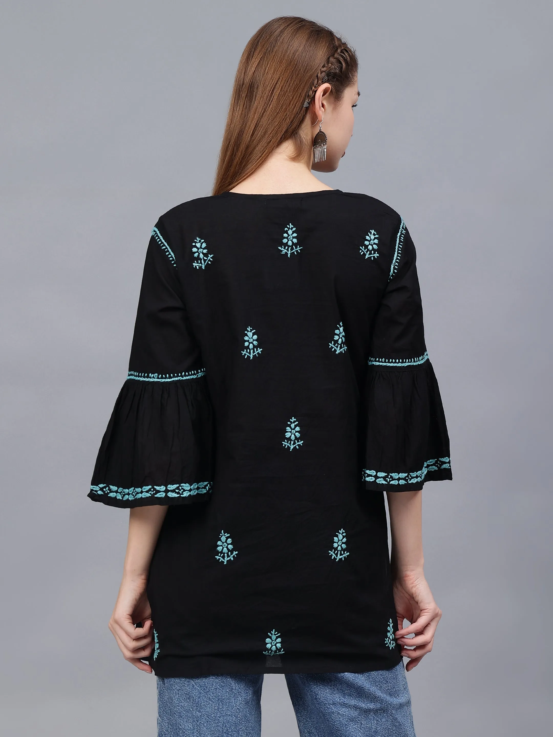 Black & Turquoise Cotton Embroidered Chikankari Tunic