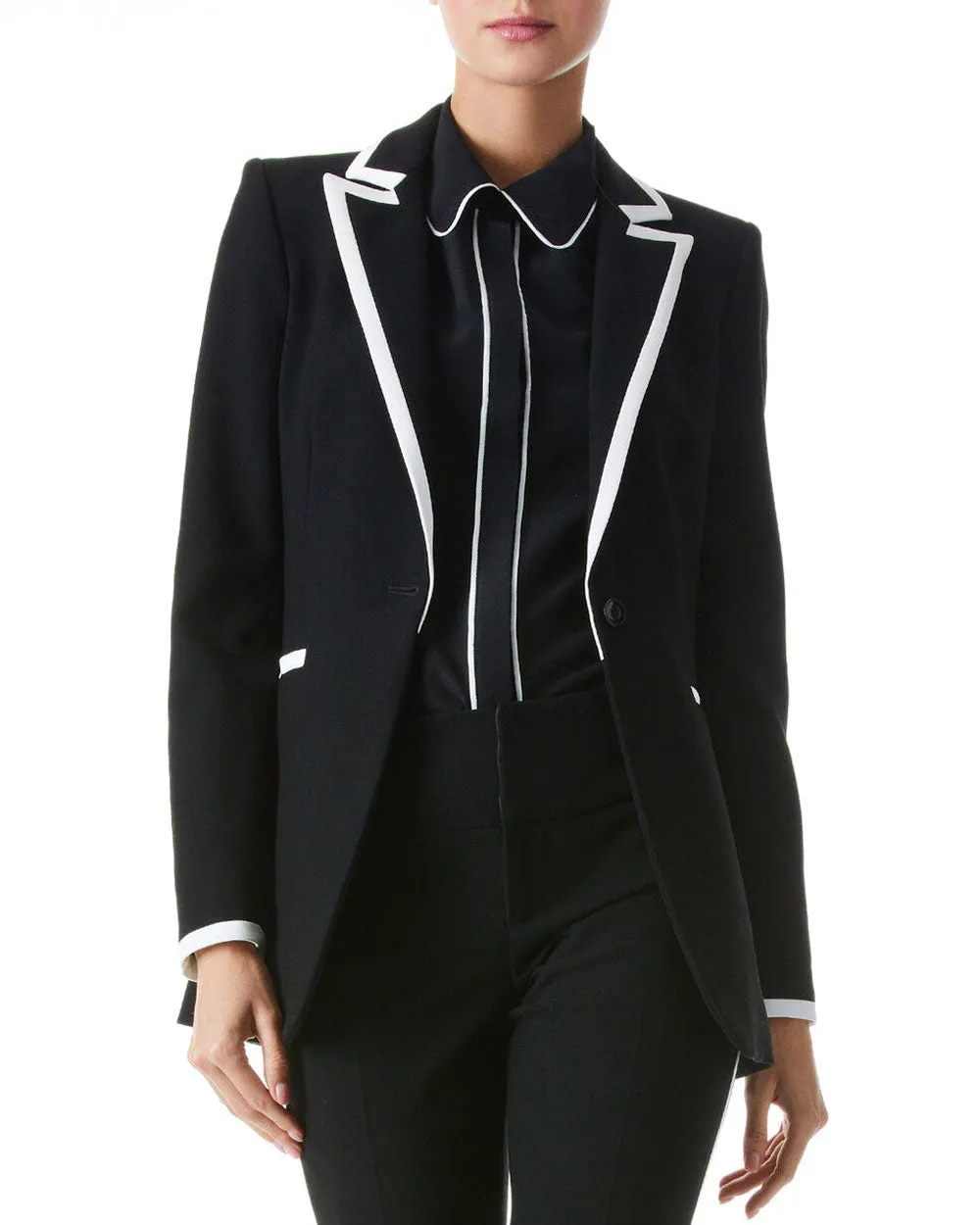 Black and Off White Breann Piped Long Blazer