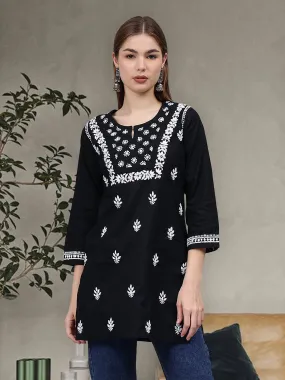 Black Cotton Embroidered Chikankari Tunic