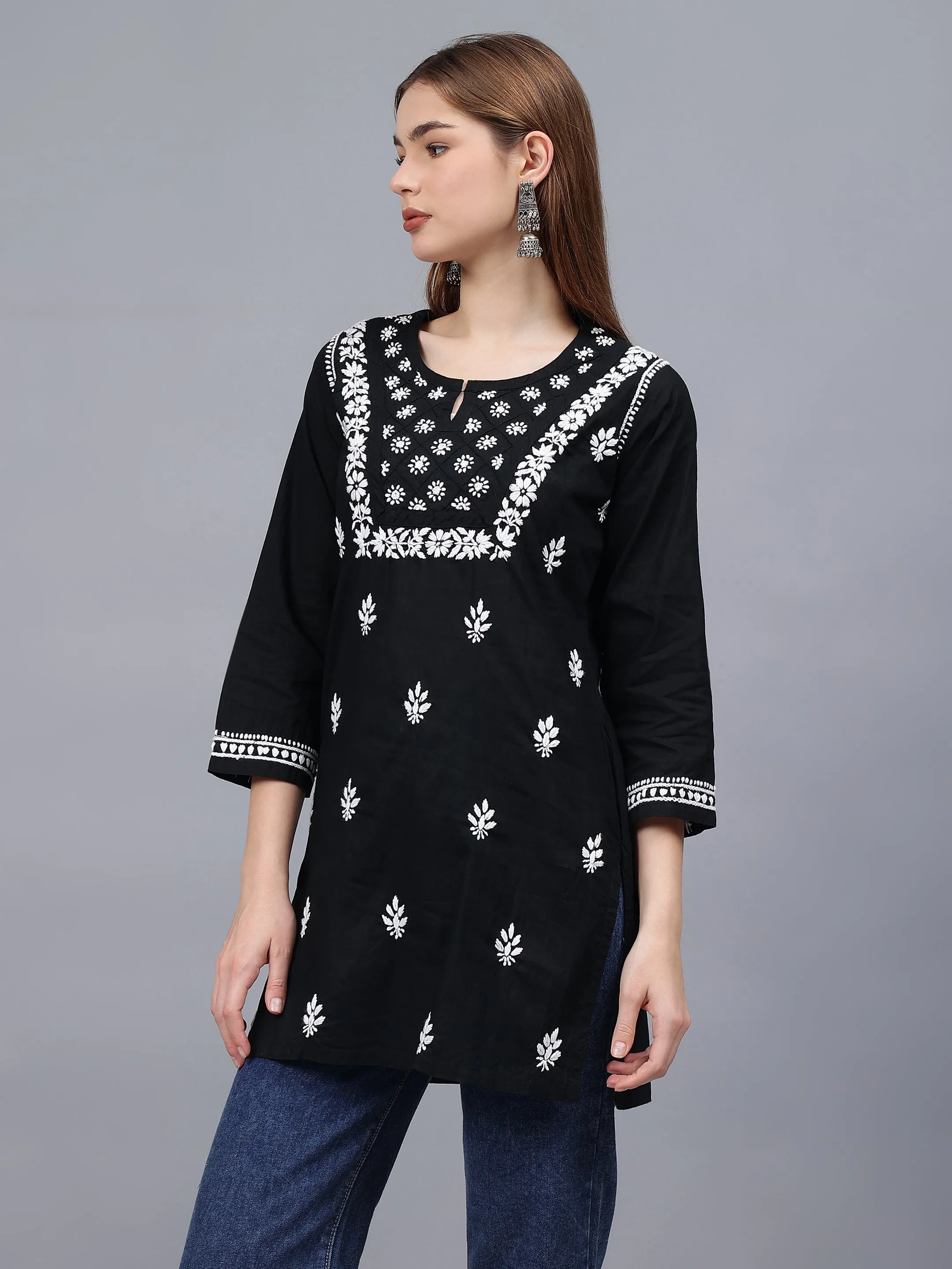 Black Cotton Embroidered Chikankari Tunic