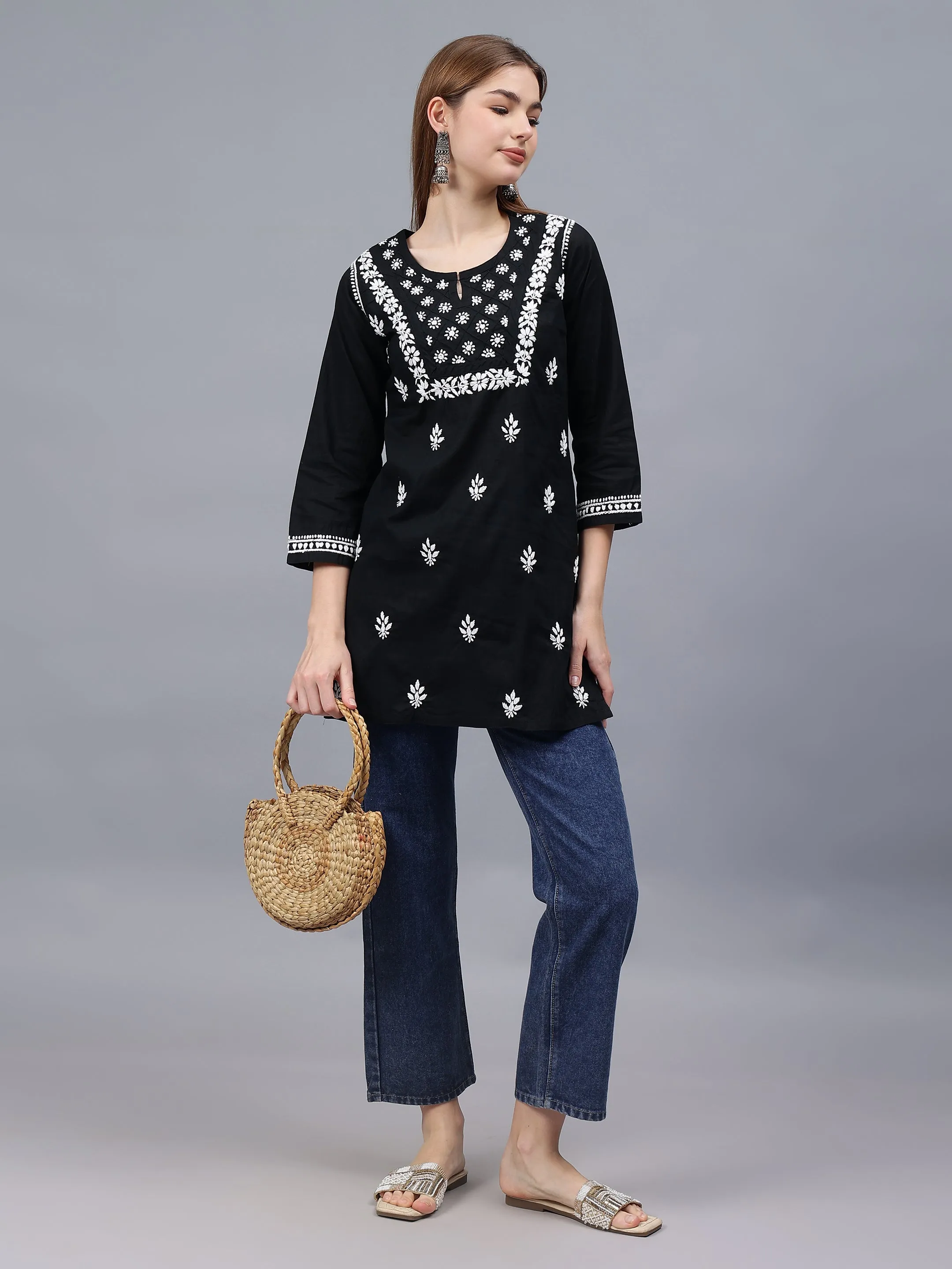 Black Cotton Embroidered Chikankari Tunic