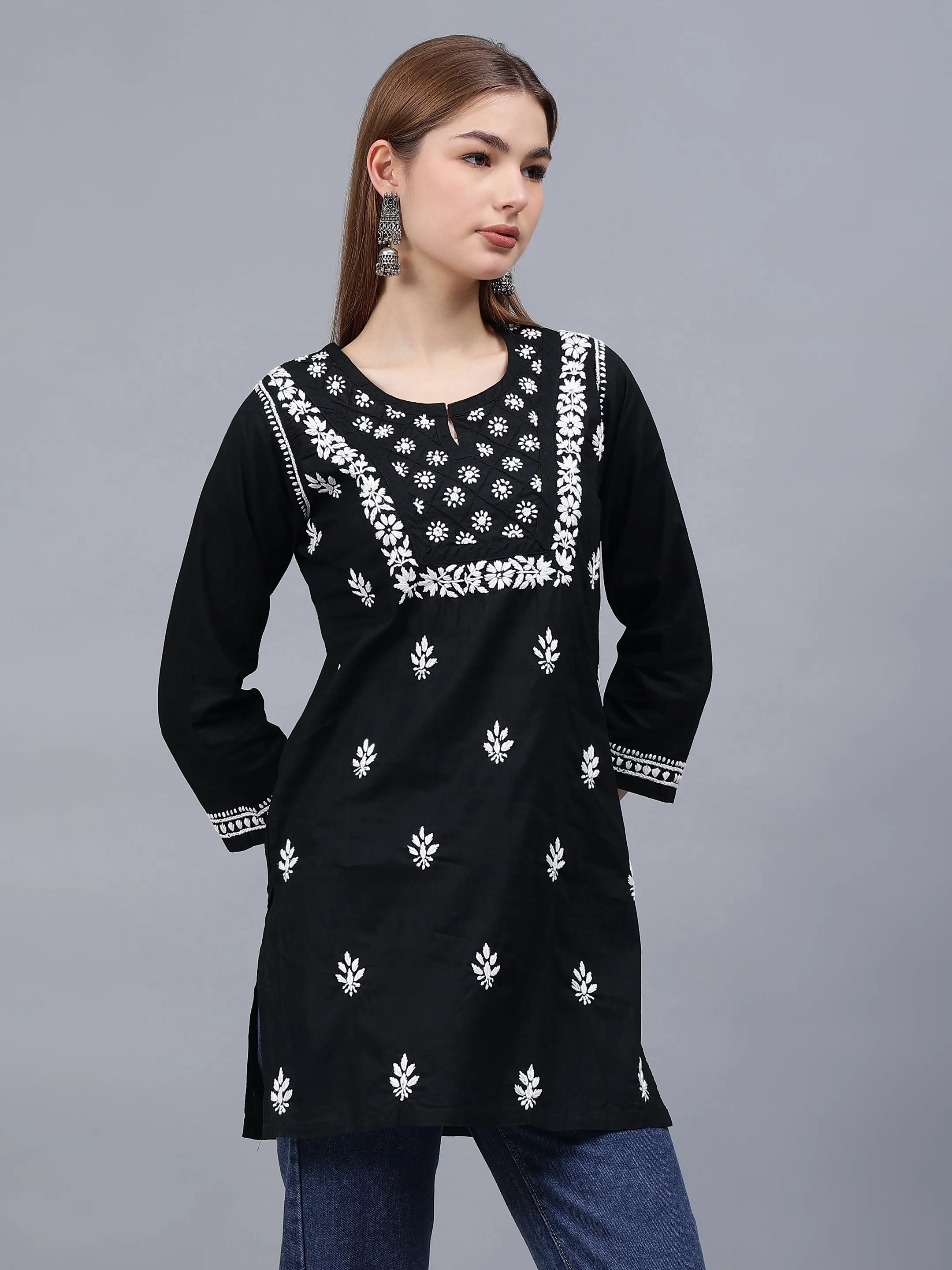 Black Cotton Embroidered Chikankari Tunic