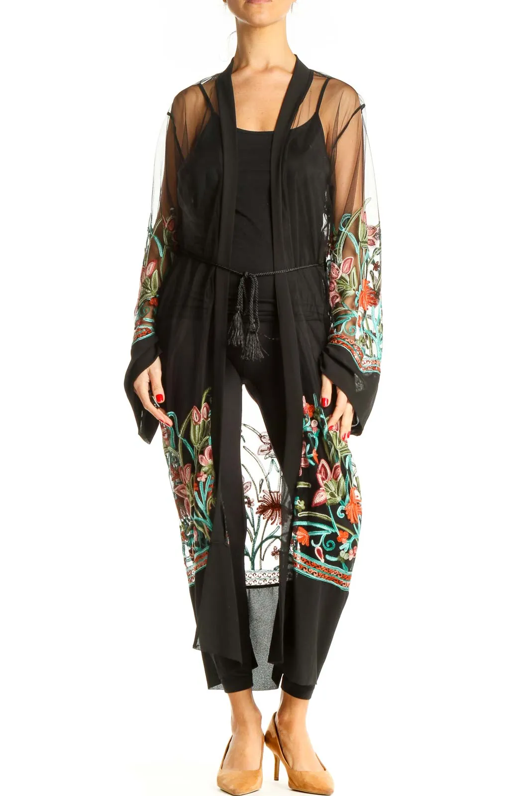 Black Floral Print Kimono