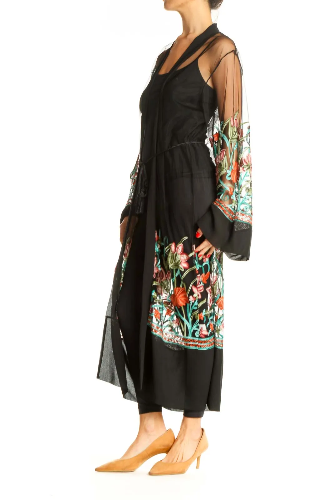 Black Floral Print Kimono