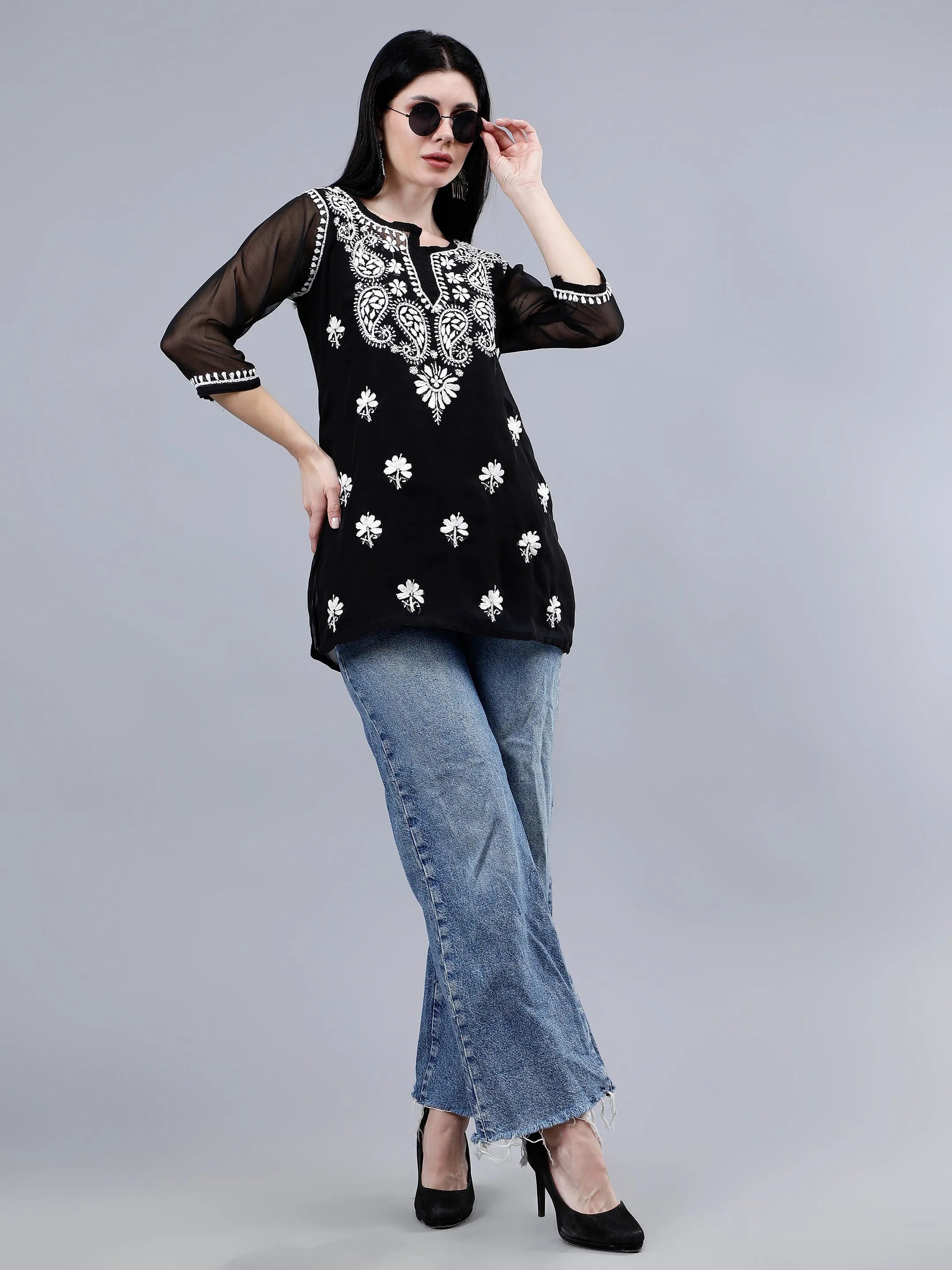 Black Georgette Chikankari Short Tunic with Inner Slip