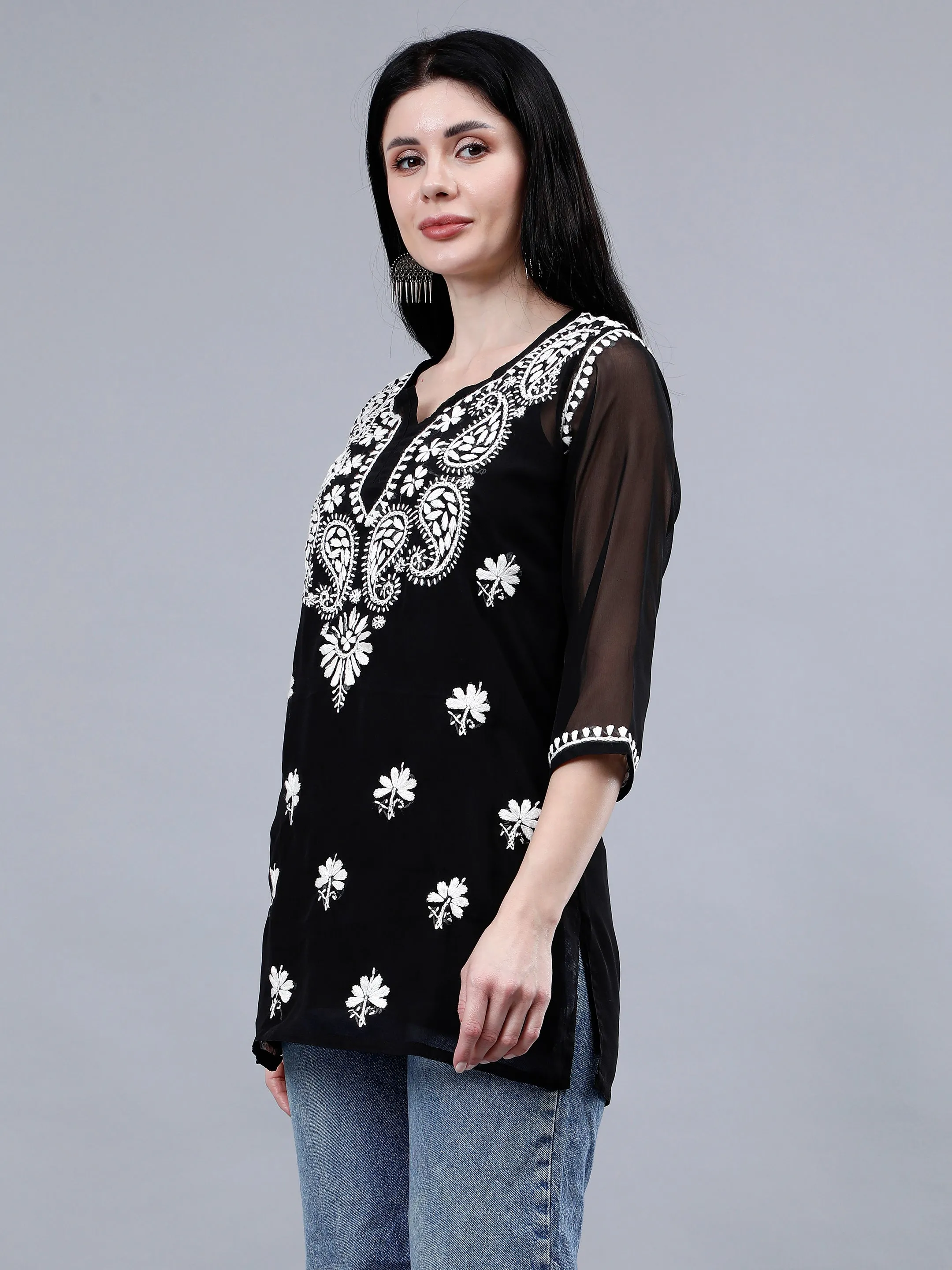 Black Georgette Chikankari Short Tunic with Inner Slip