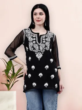 Black Georgette Chikankari Short Tunic with Inner Slip