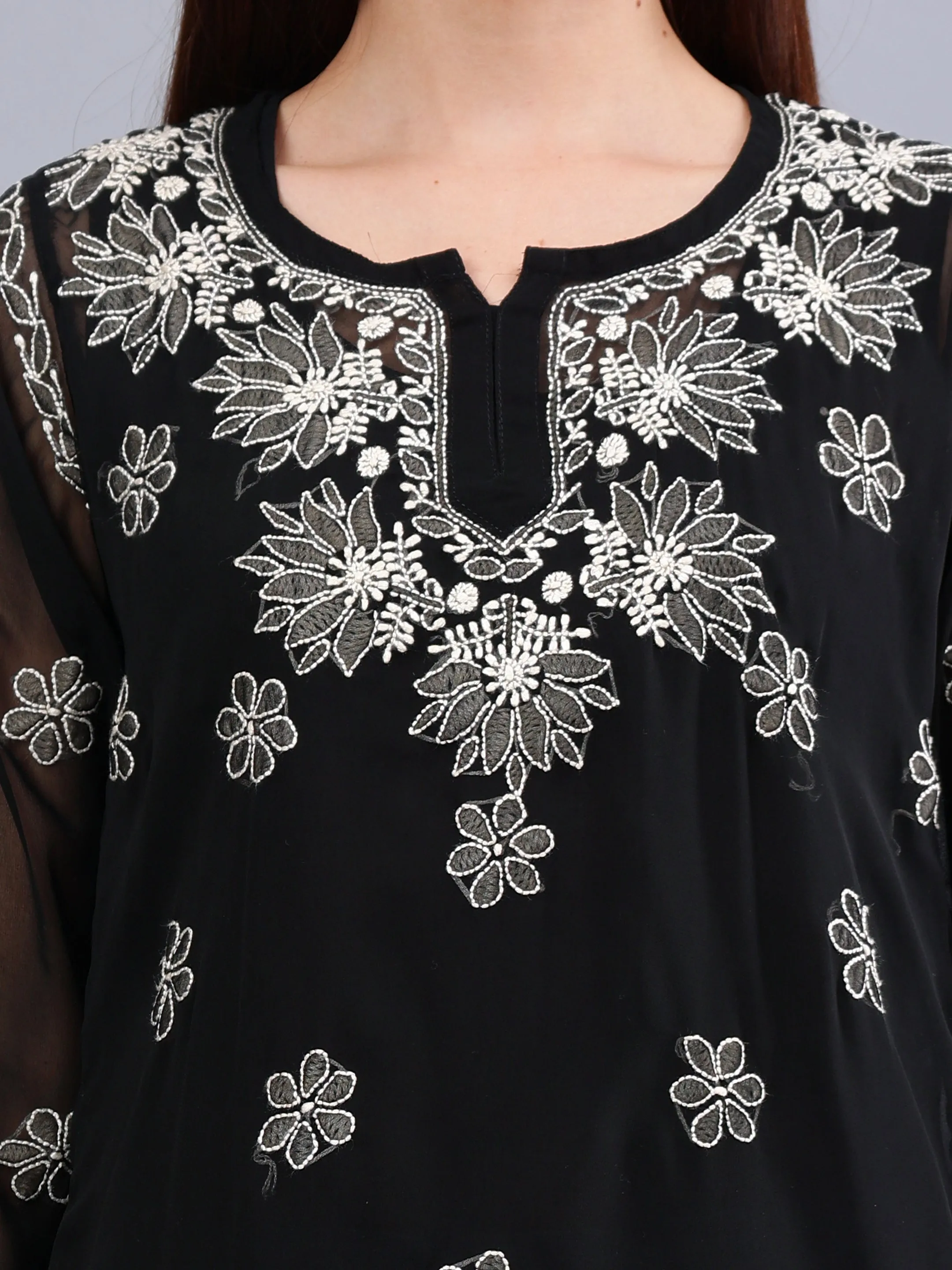 Black Georgette Embroidered Chikankari Short Tunic with Slip