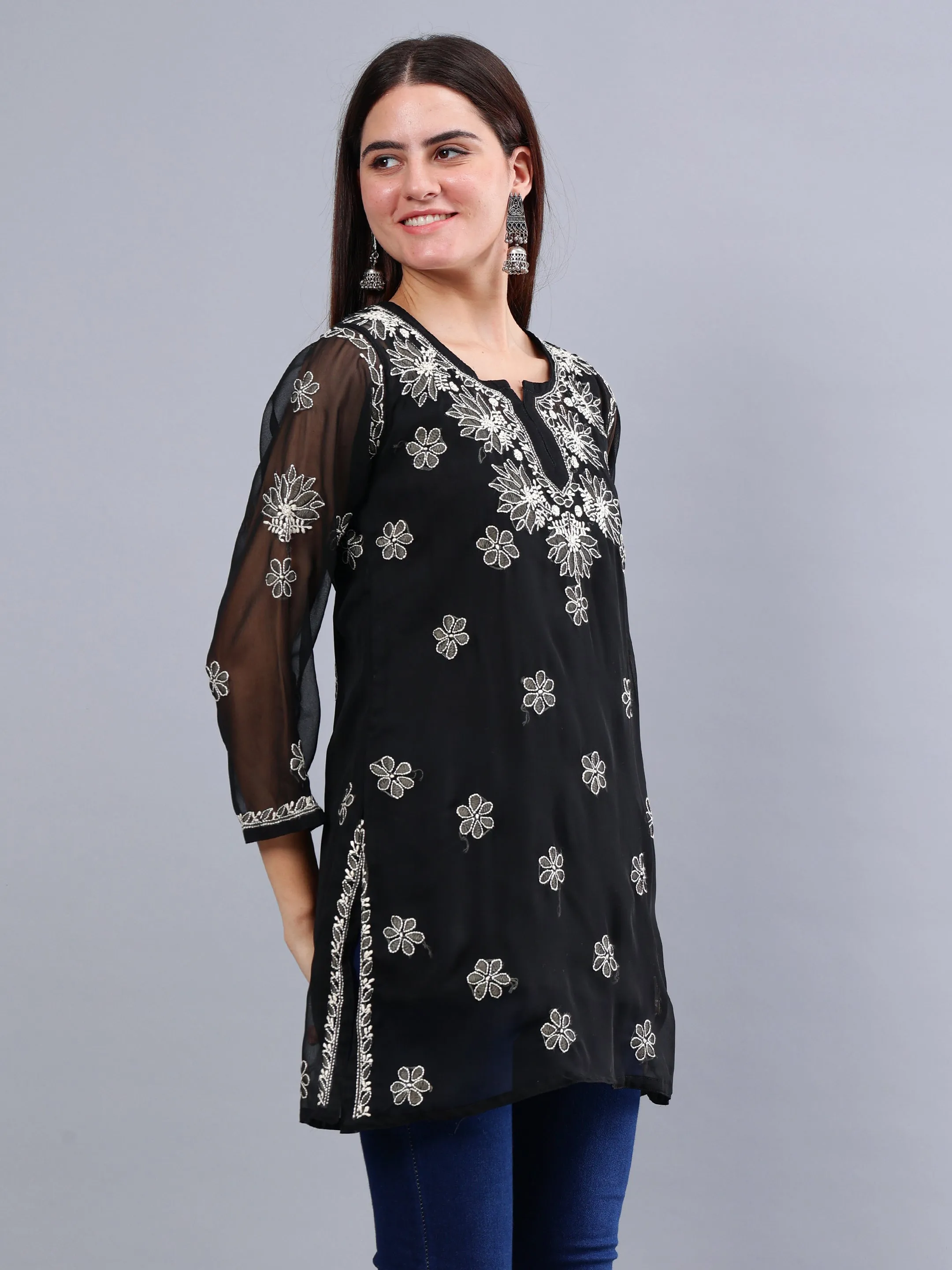 Black Georgette Embroidered Chikankari Short Tunic with Slip