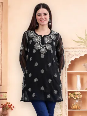 Black Georgette Embroidered Chikankari Short Tunic with Slip