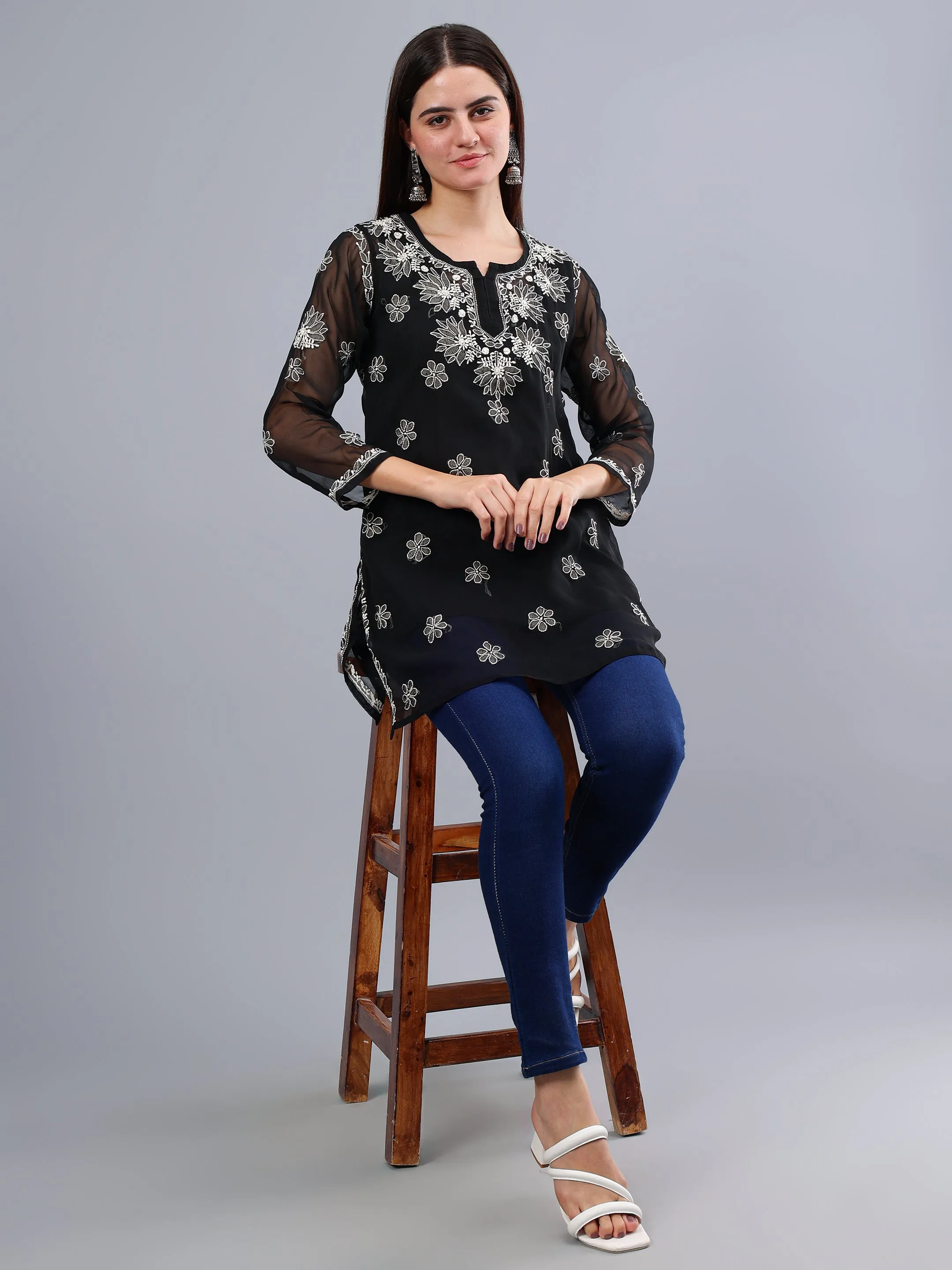 Black Georgette Embroidered Chikankari Short Tunic with Slip