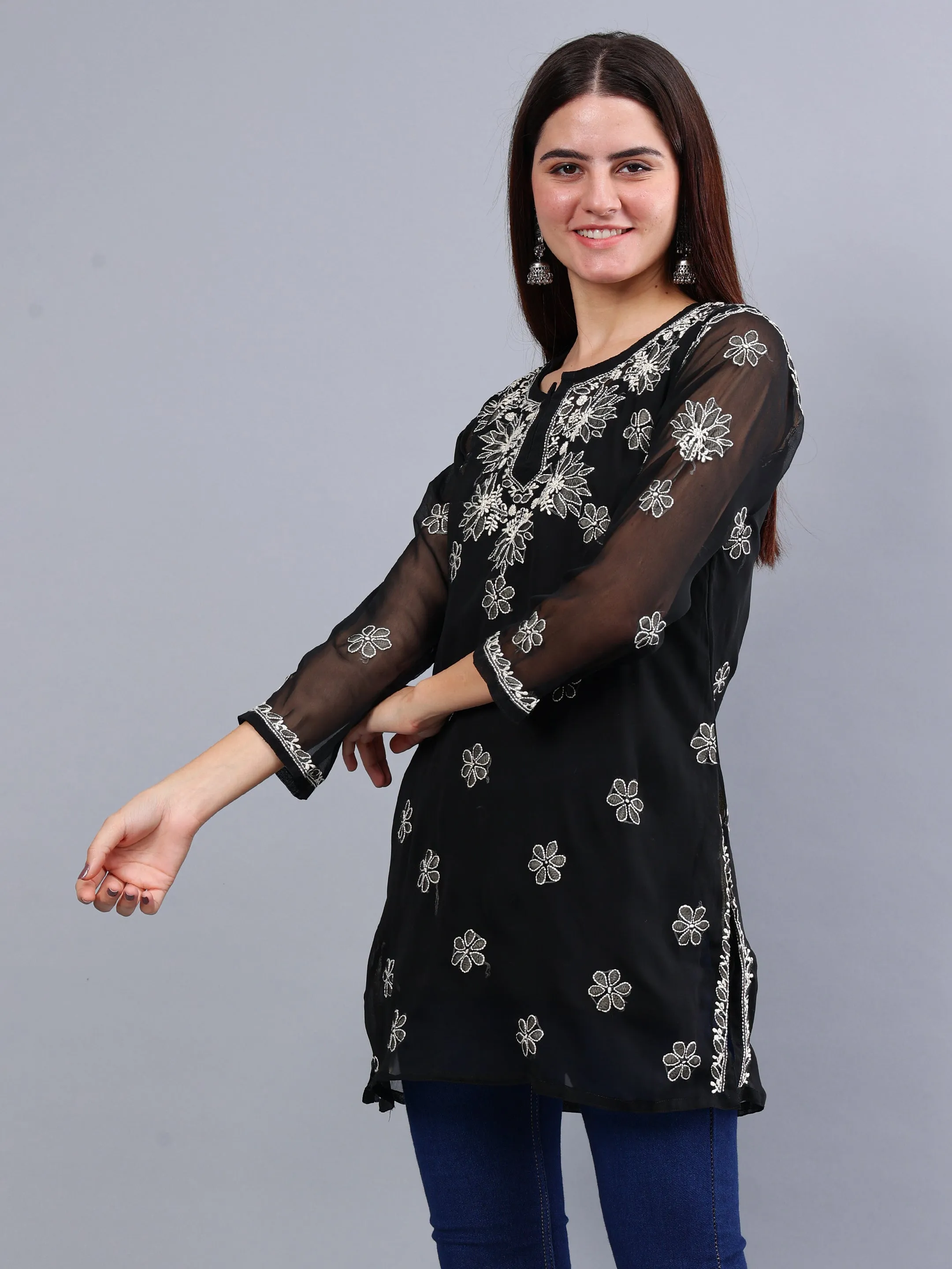 Black Georgette Embroidered Chikankari Short Tunic with Slip