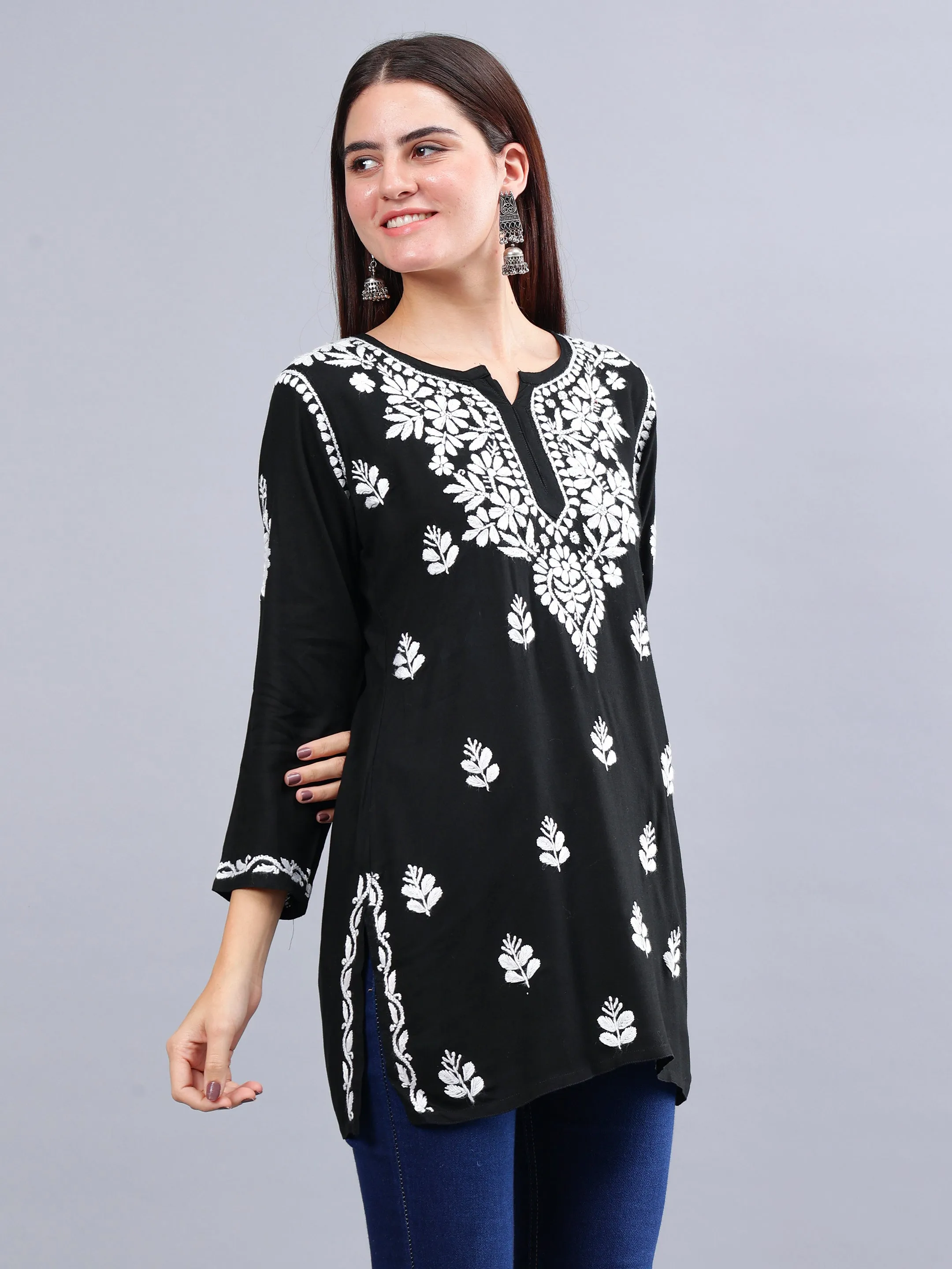 Black Rayon Chikankari Short Tunic