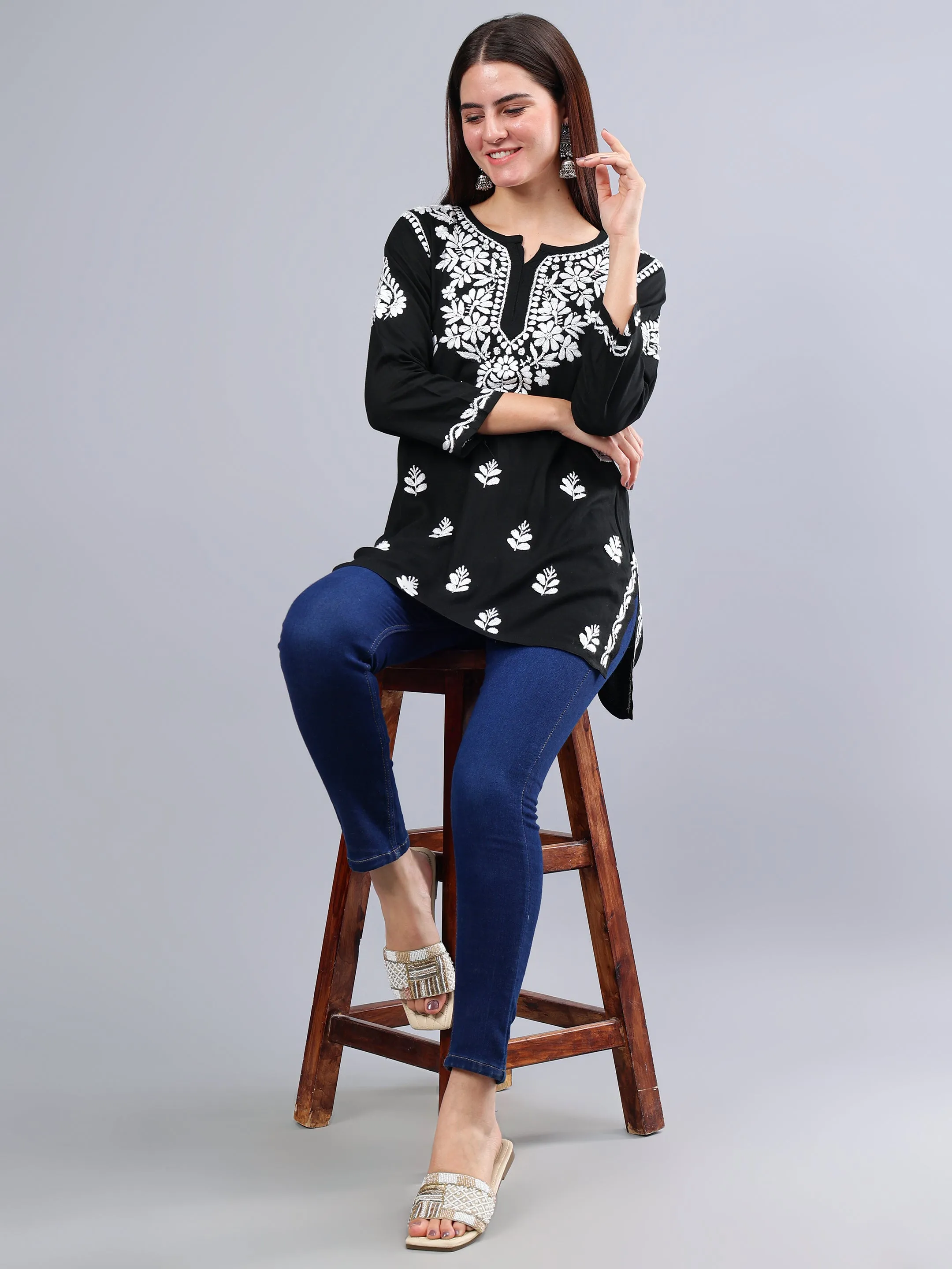 Black Rayon Chikankari Short Tunic