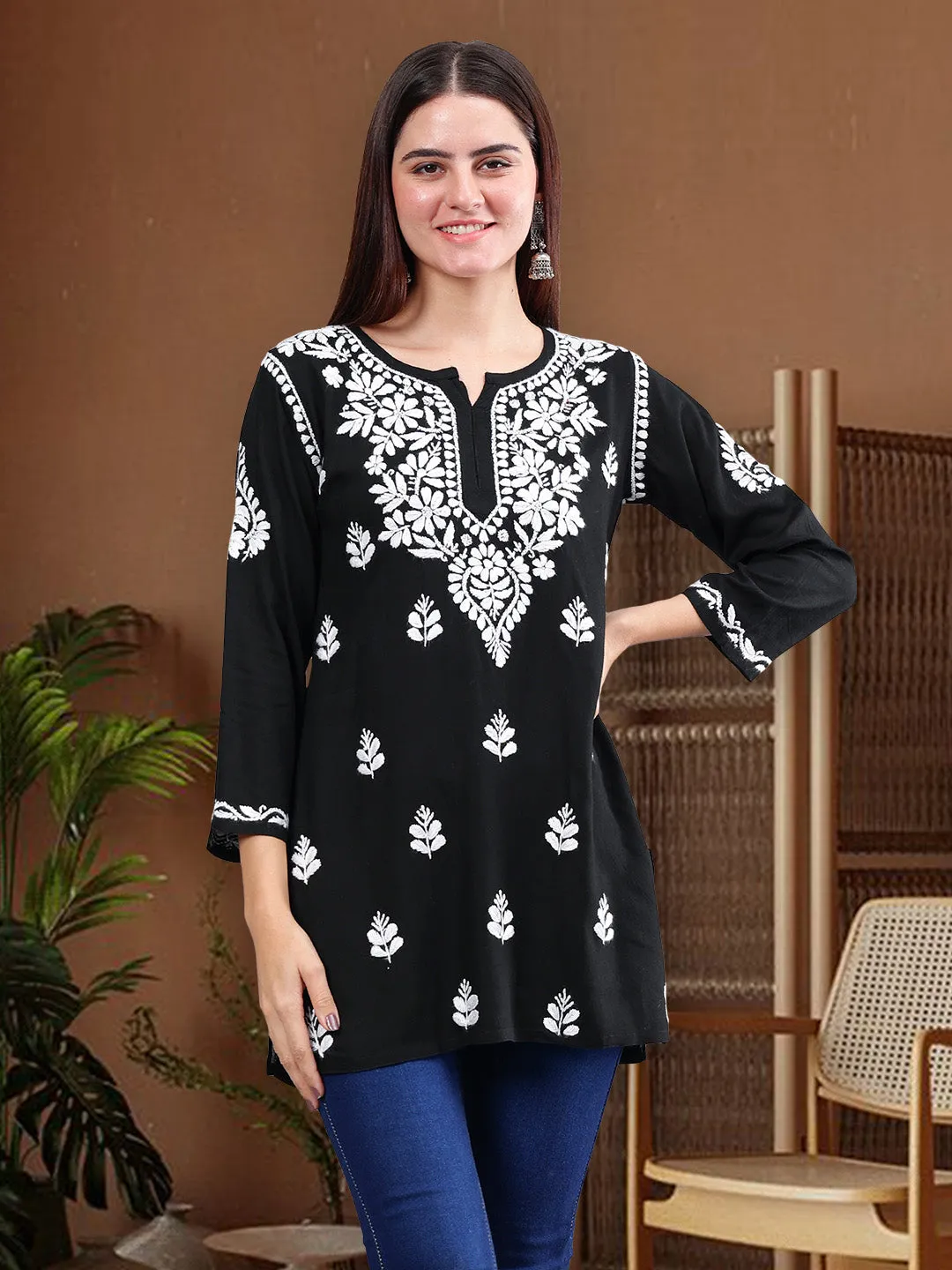 Black Rayon Chikankari Short Tunic