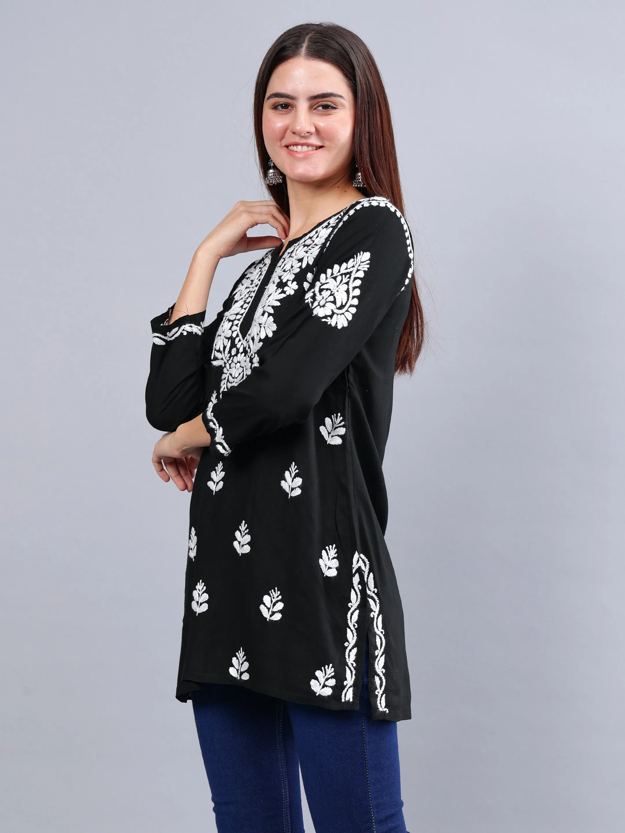 Black Rayon Chikankari Short Tunic