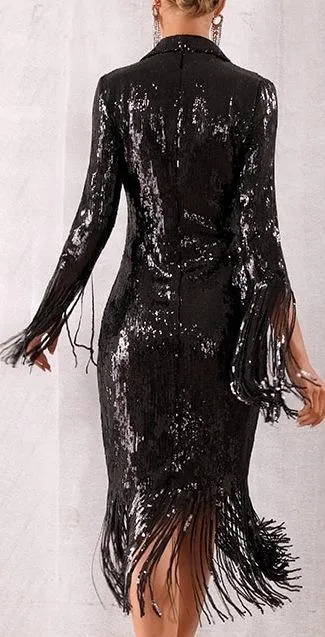 Black Sequin-Embellished Double-Breasted Fringed Dress