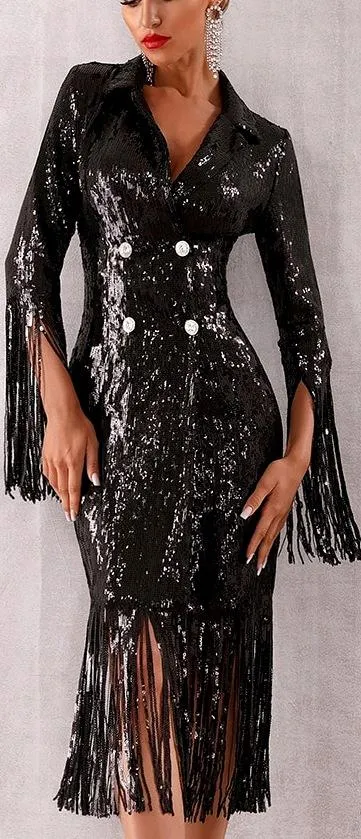 Black Sequin-Embellished Double-Breasted Fringed Dress