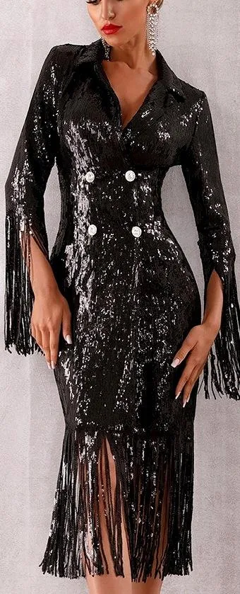 Black Sequin-Embellished Double-Breasted Fringed Dress