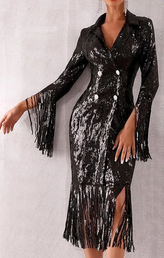 Black Sequin-Embellished Double-Breasted Fringed Dress